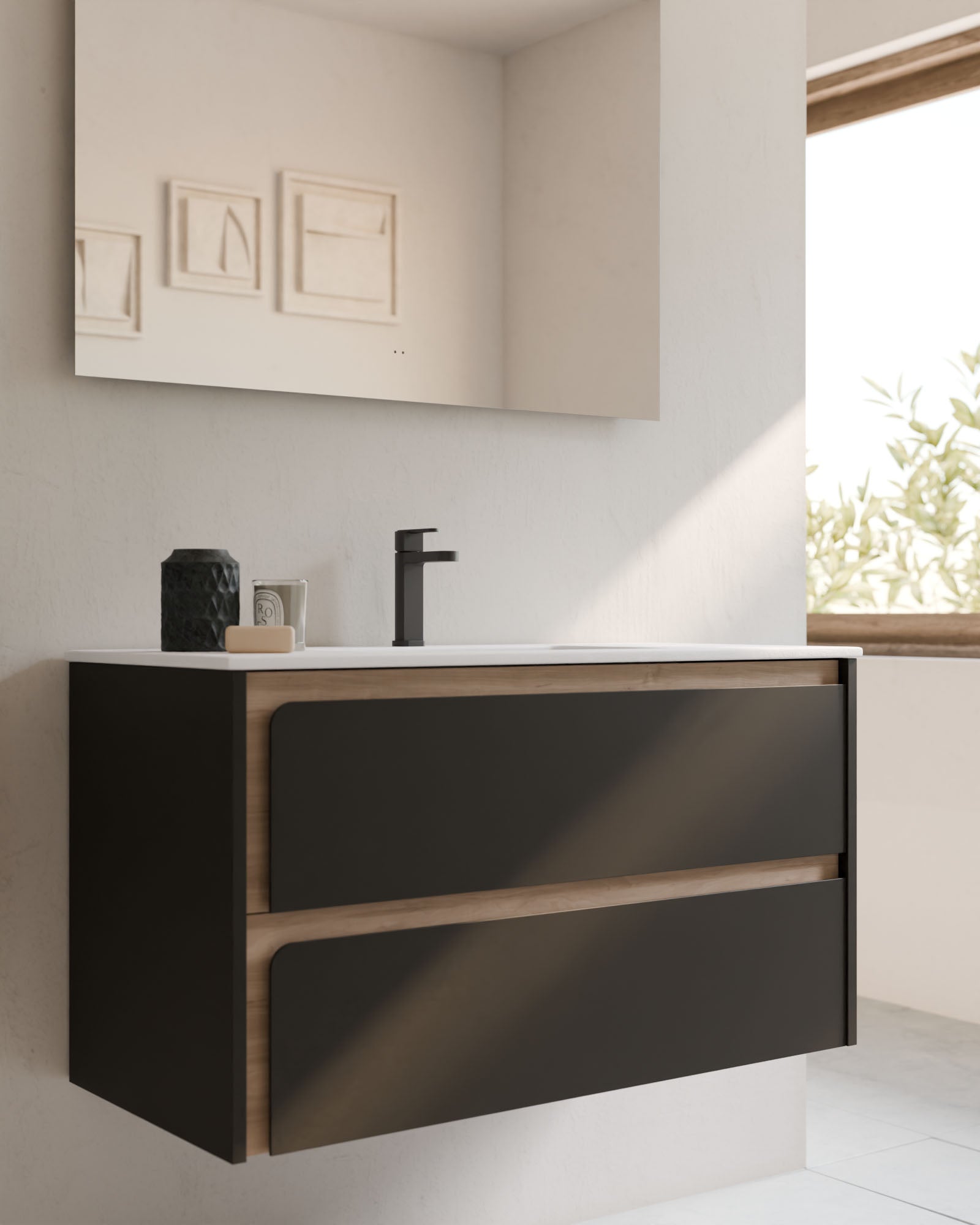 Cyra 2 cajones negro roble marfil