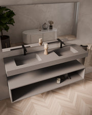 Viala lavabo suspendu carré Argile double vasque – Tablier 10 cm, avec trou de robinet, vue de biais