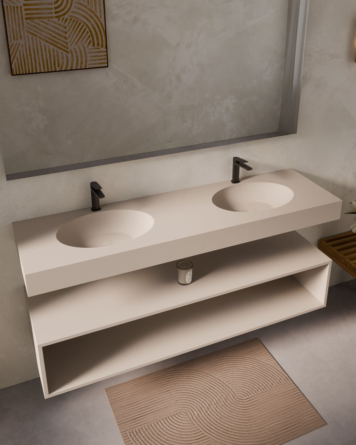 Liva lavabo suspendu ovale Sable double vasque – Tablier 10 cm, avec trou de robinet, vue de biais