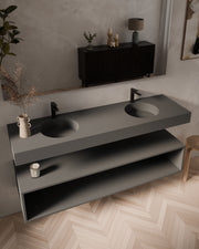 Nera lavabo suspendu rond Terre double vasque – Tablier 10 cm, avec trou de robinet, vue de biais