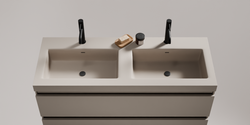 Ardelia Möbelwaschtisch Mineralguss Taupe Doppelbecken – Schürze 6 cm, mit Hahnloch