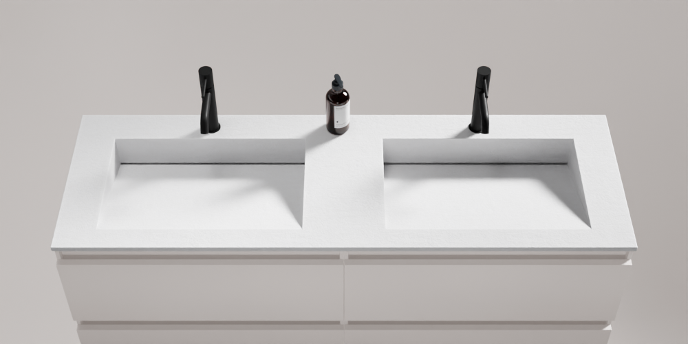 Tayla Möbelwaschtisch Mineralguss Weiß Doppelbecken – Breite 140 cm, Schürze 2 cm, mit Hahnloch