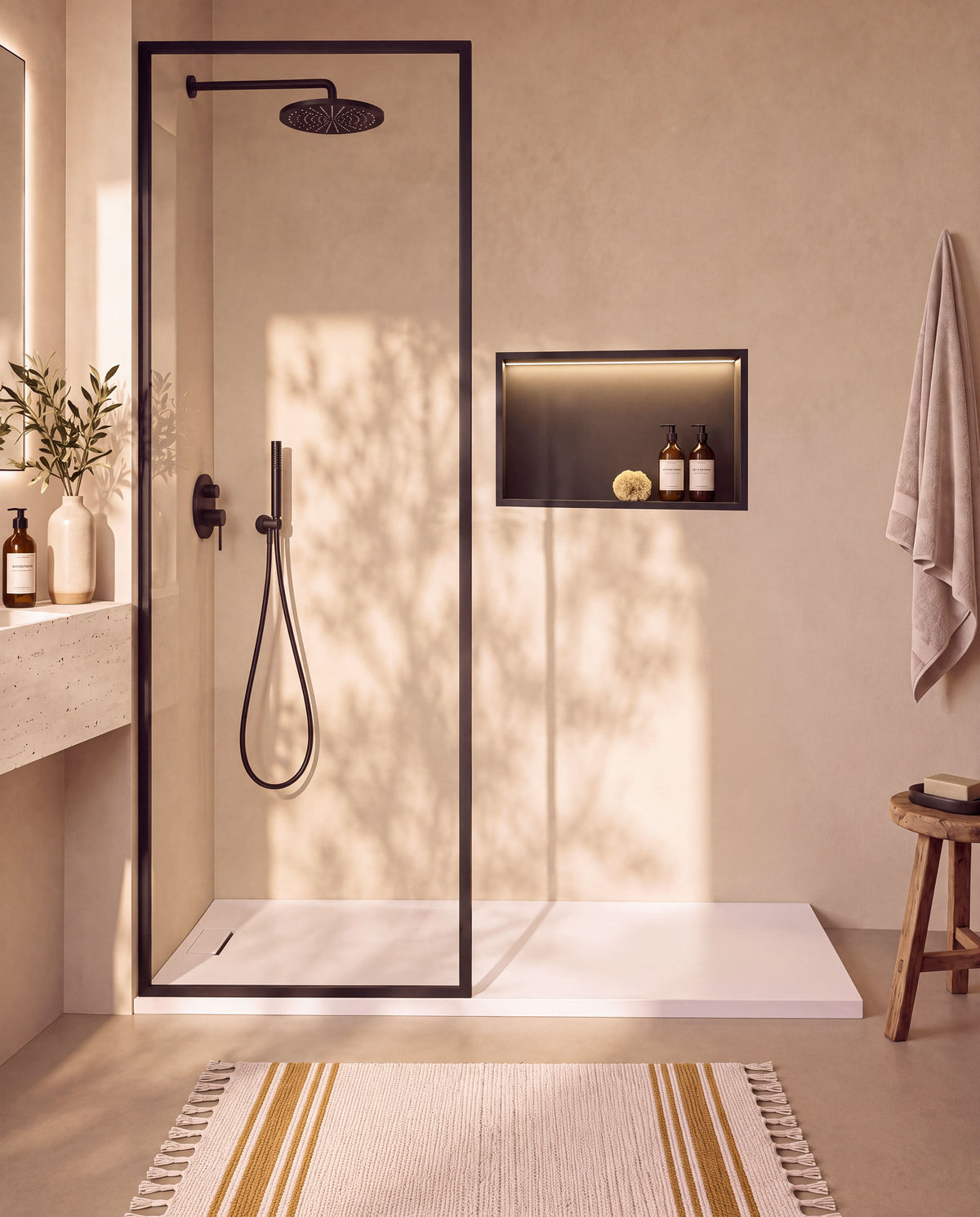 Ebra niche de douche inox 1 grande étagère avec éclairage Noir – vue de face