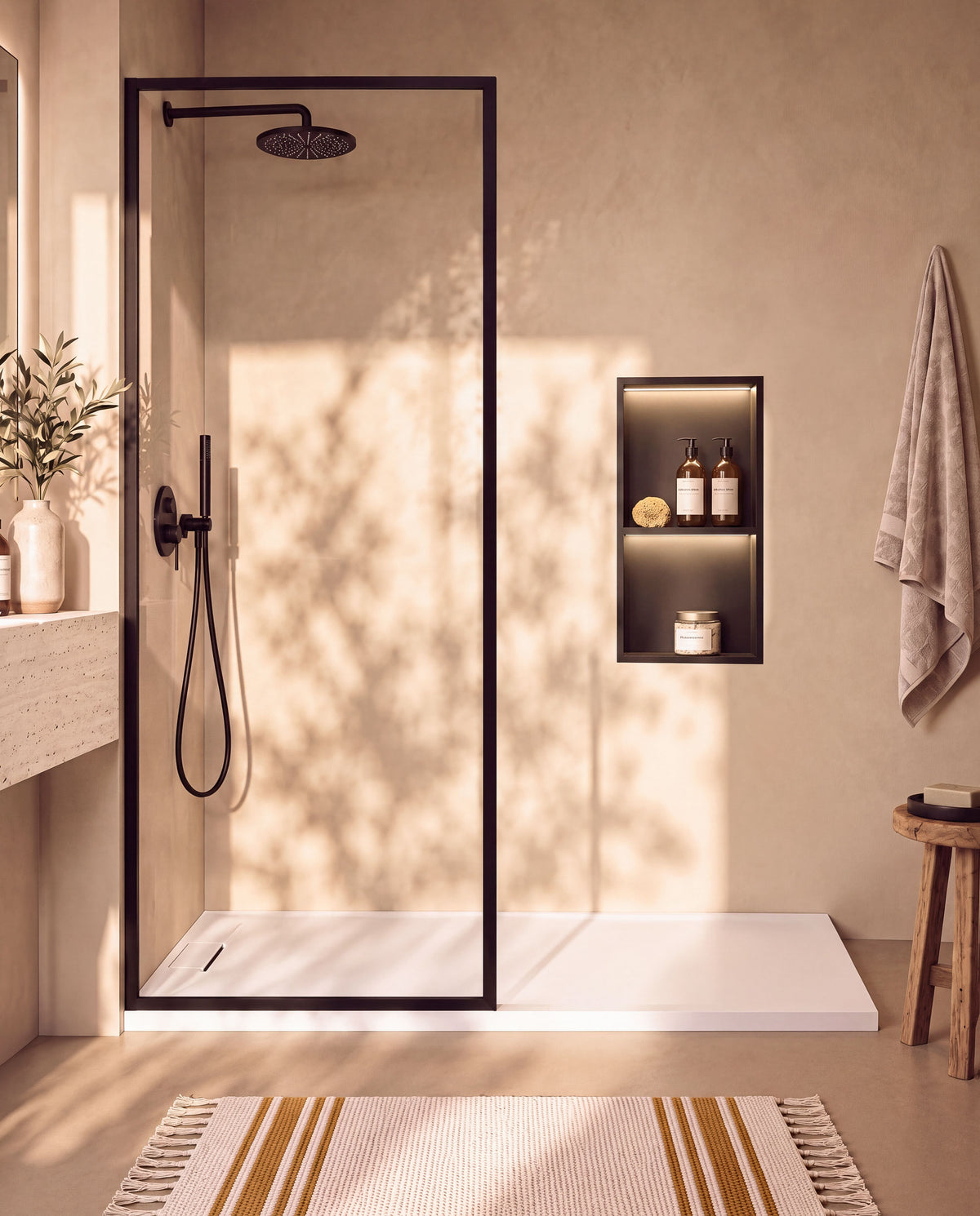 Ebra niche de douche inox 2 étagères avec éclairage Noir – vue de face