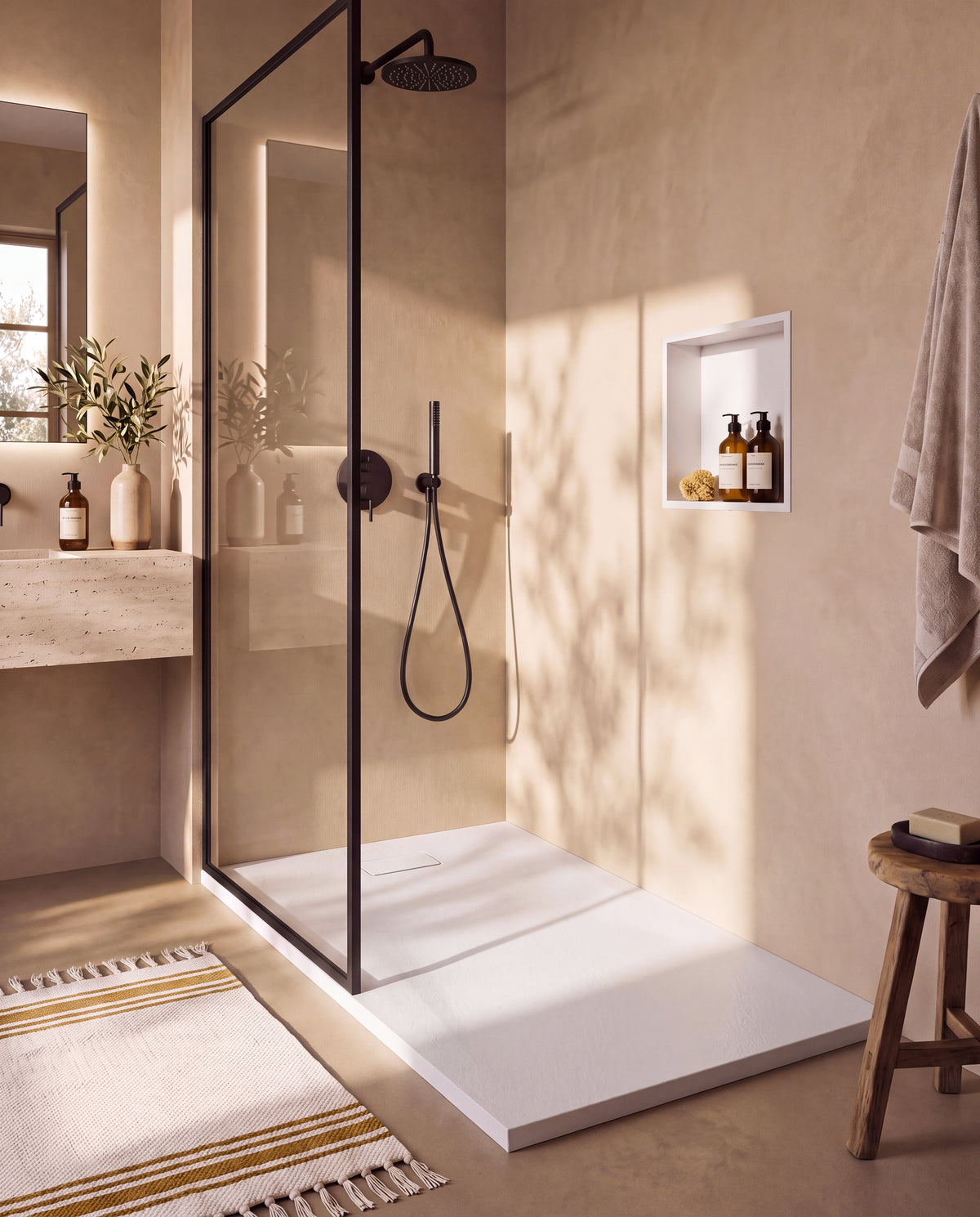 Neo receveur de douche SMC Blanc – avec niche de douche Ebra 1 étagère sans éclairage Blanc, grille d’évacuation blanche, vue de biais