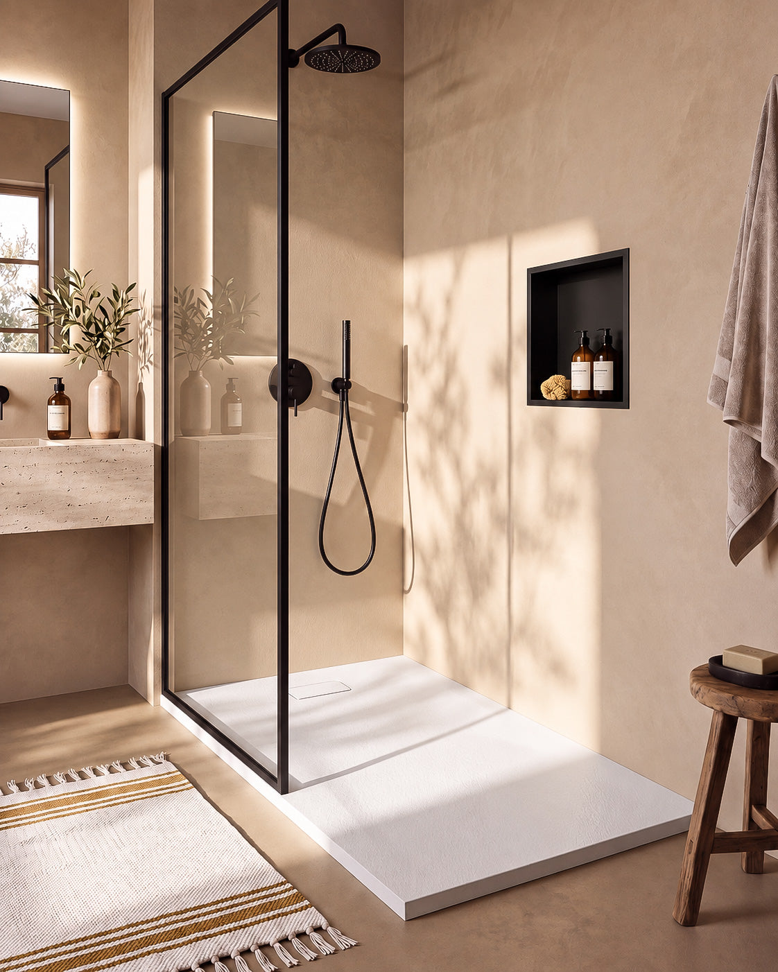 Neo receveur de douche SMC Blanc – avec niche de douche Ebra 1 étagère sans éclairage Noir, grille d’évacuation blanche, vue de biais