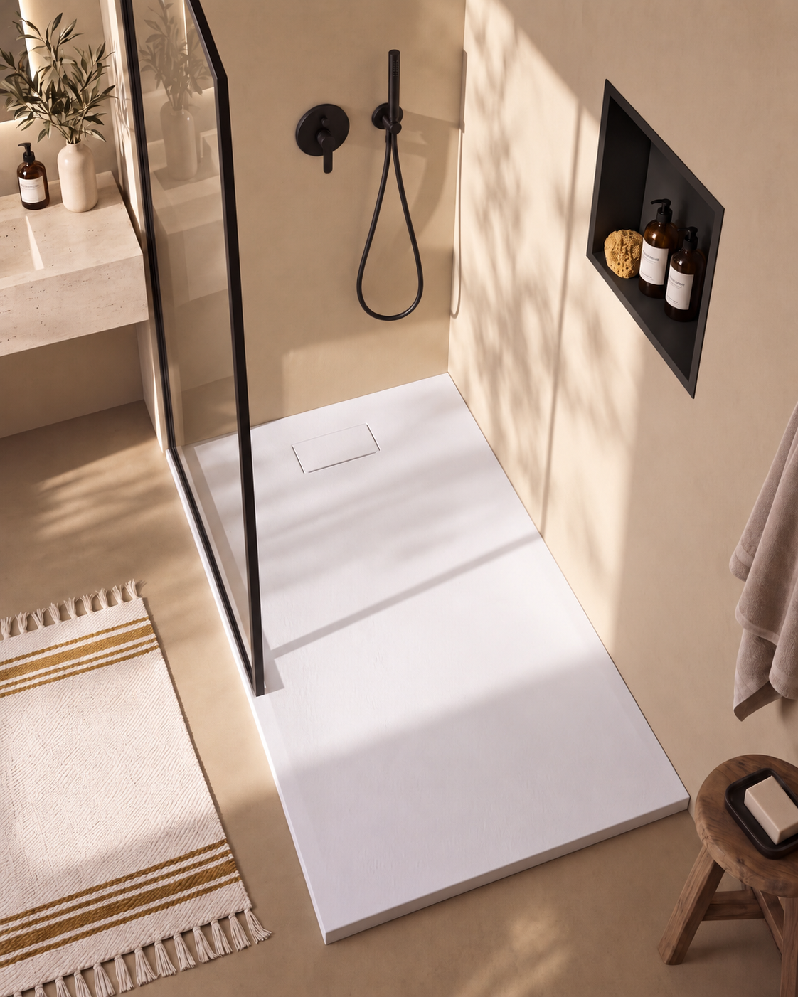 Neo receveur de douche SMC Blanc – avec niche de douche Ebra 1 étagère sans éclairage Noir, grille d’évacuation blanche, vue de dessus