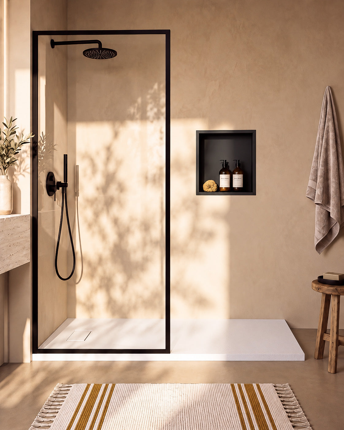 Neo receveur de douche SMC Blanc – avec niche de douche Ebra 1 étagère sans éclairage Noir, grille d’évacuation blanche, vue de face