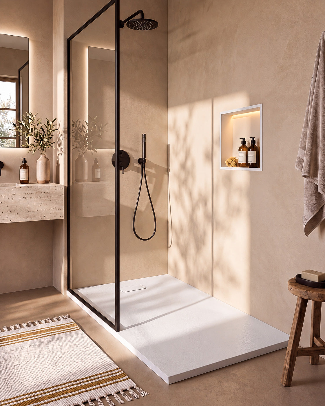 Neo receveur de douche SMC Blanc – avec niche de douche Ebra 1 étagère avec éclairage Blanc, grille d’évacuation blanche, vue de biais