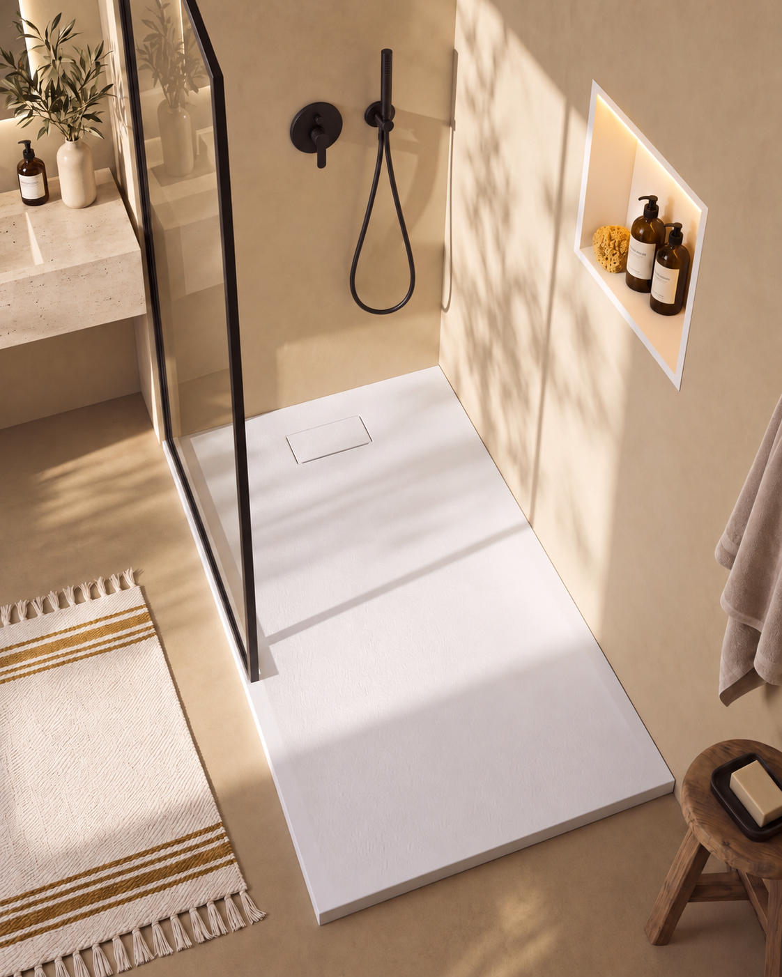 Neo receveur de douche SMC Blanc – avec niche de douche Ebra 1 étagère avec éclairage Blanc, grille d’évacuation blanche, vue de dessus