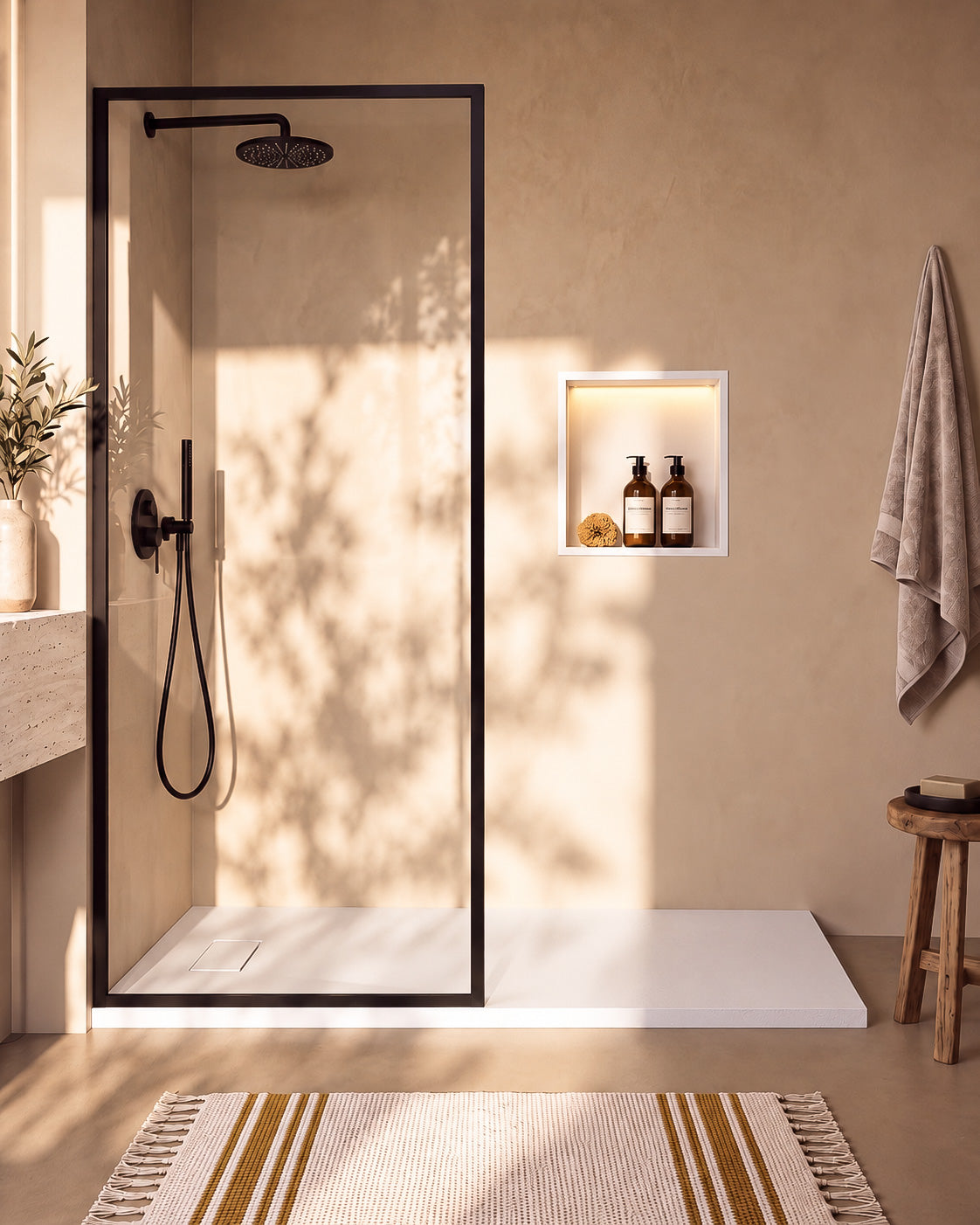 Neo receveur de douche SMC Blanc – avec niche de douche Ebra 1 étagère avec éclairage Blanc, grille d’évacuation blanche, vue de face