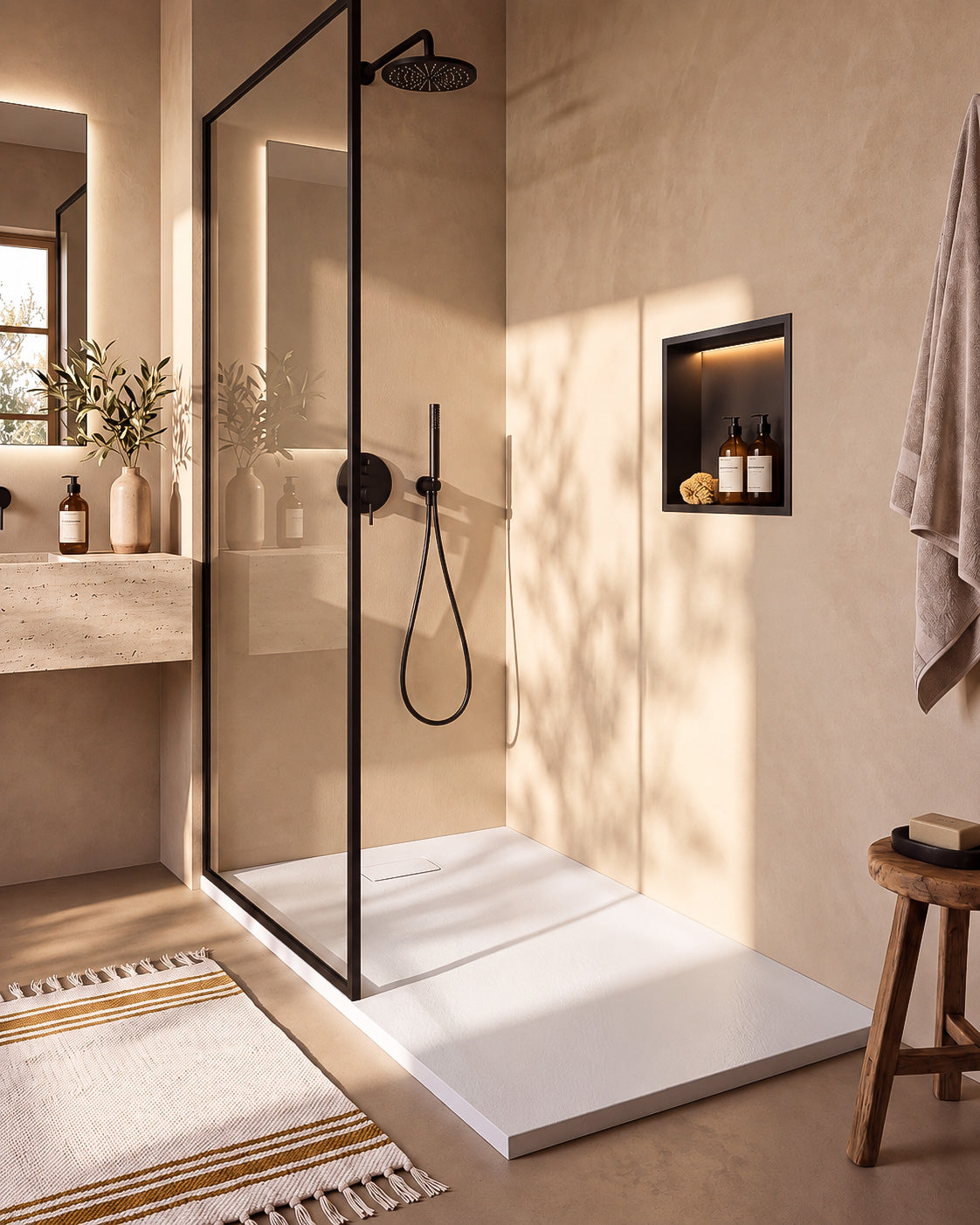 Neo receveur de douche SMC Blanc – avec niche de douche Ebra 1 étagère avec éclairage Noir, grille d’évacuation blanche, vue de biais