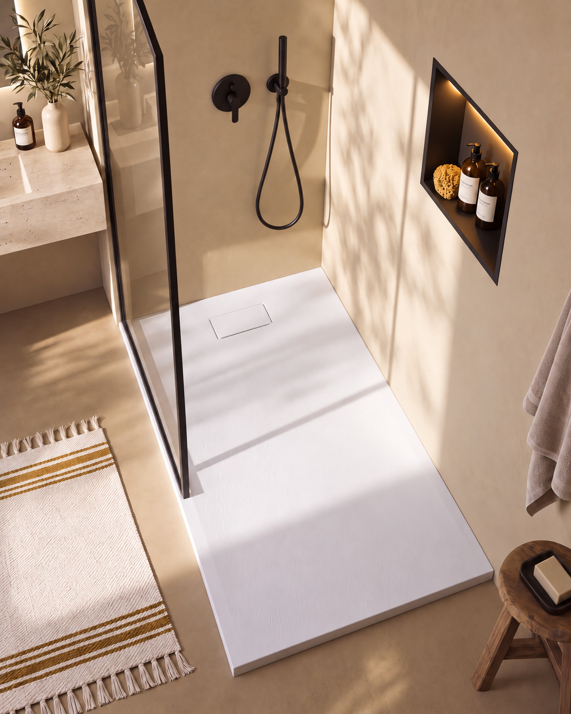 Neo receveur de douche SMC Blanc – avec niche de douche Ebra 1 étagère avec éclairage Noir, grille d’évacuation blanche, vue de dessus
