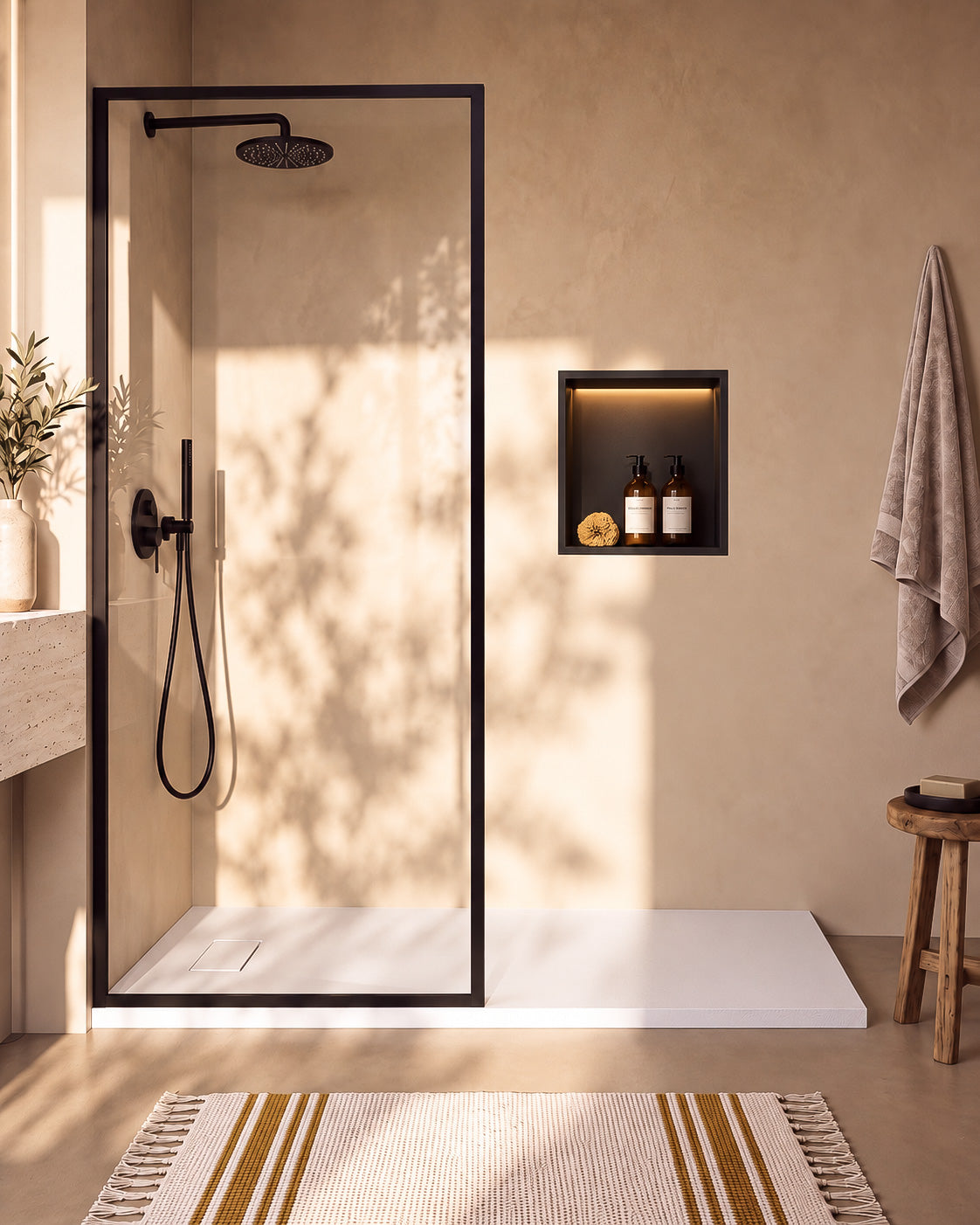 Neo receveur de douche SMC Blanc – avec niche de douche Ebra 1 étagère avec éclairage Noir, grille d’évacuation blanche, vue de face