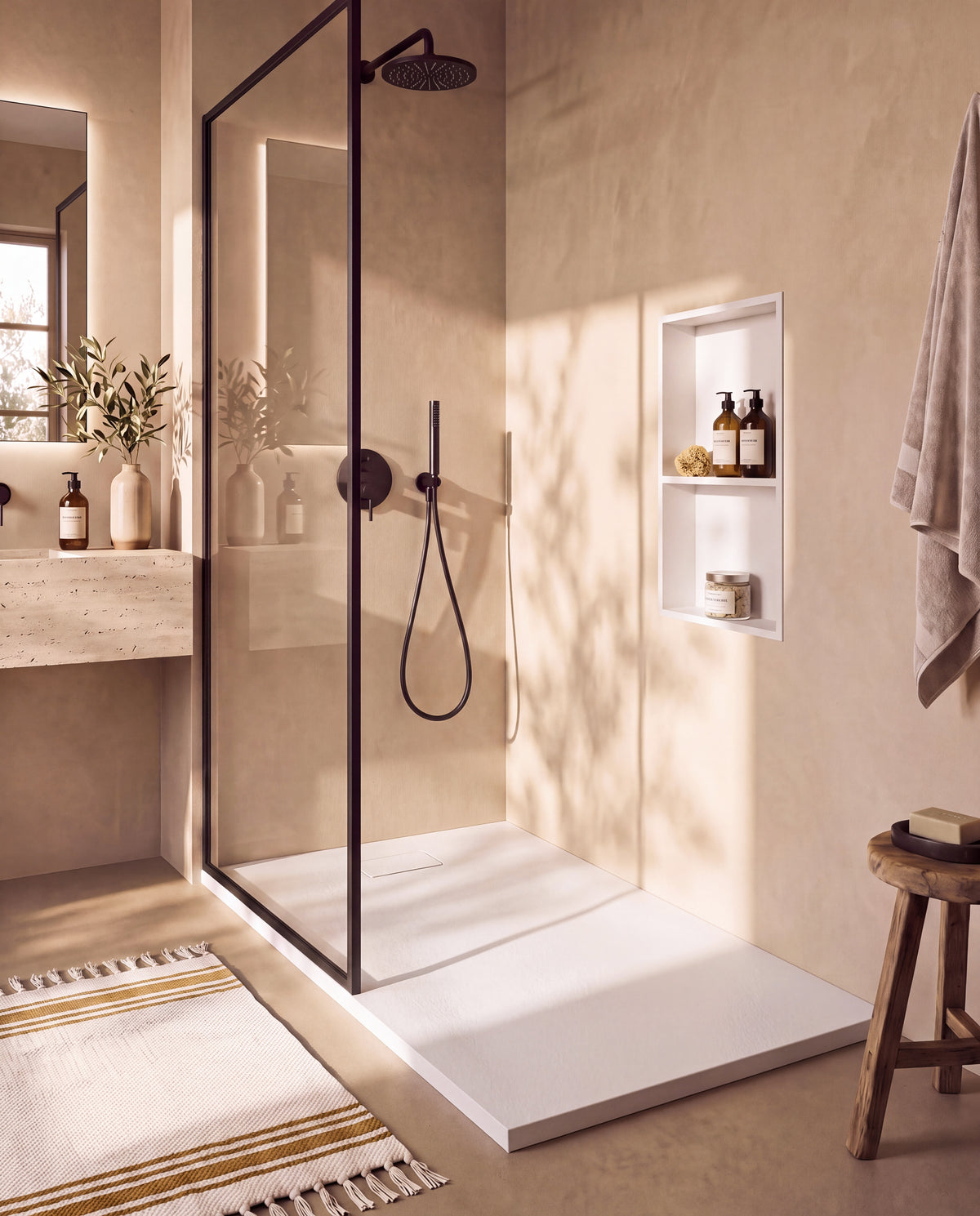 Neo receveur de douche SMC Blanc – avec niche de douche Ebra 2 étagères sans éclairage Blanc, grille d’évacuation blanche, vue de biais