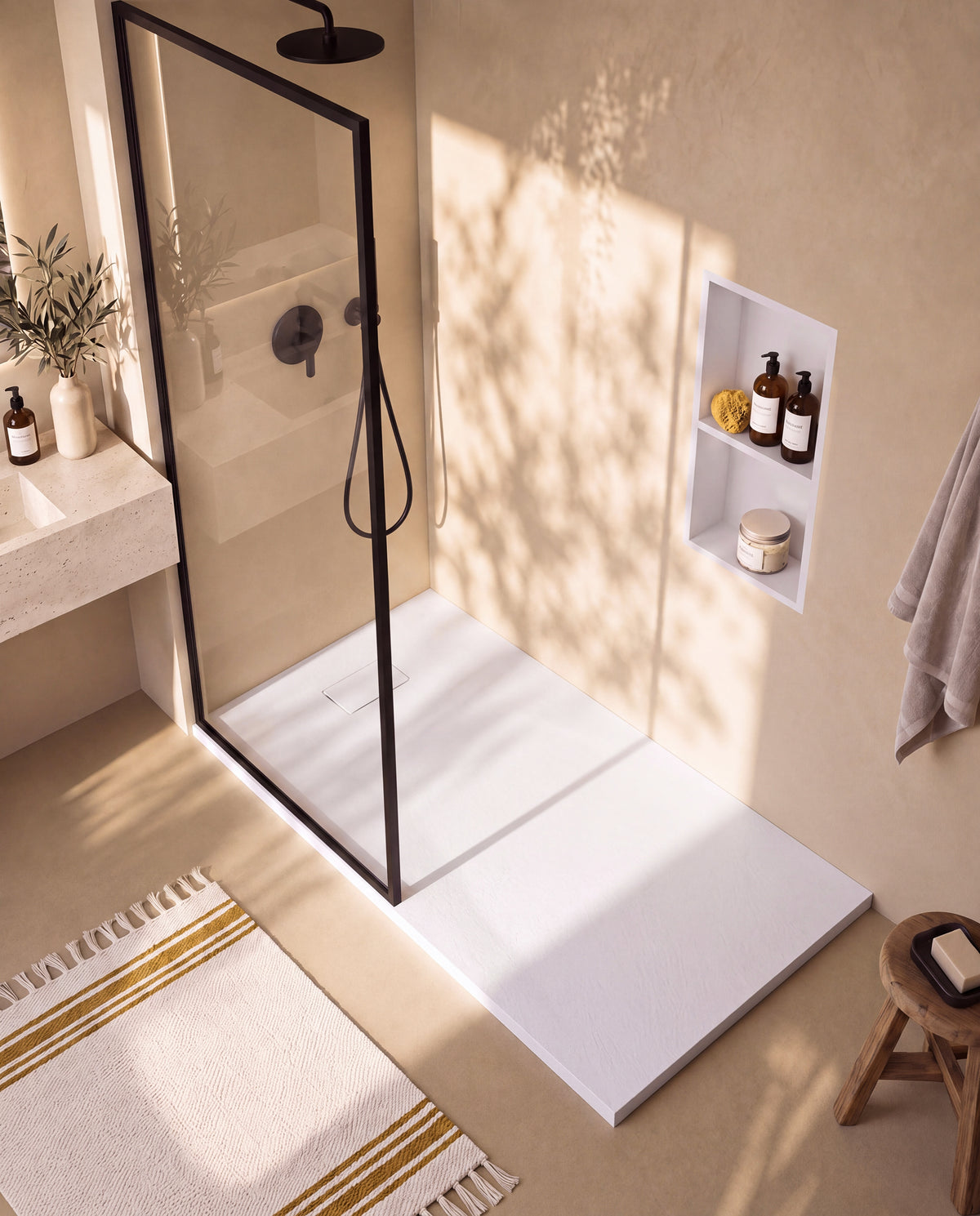 Neo receveur de douche SMC Blanc – avec niche de douche Ebra 2 étagères sans éclairage Blanc, grille d’évacuation blanche, vue de dessus