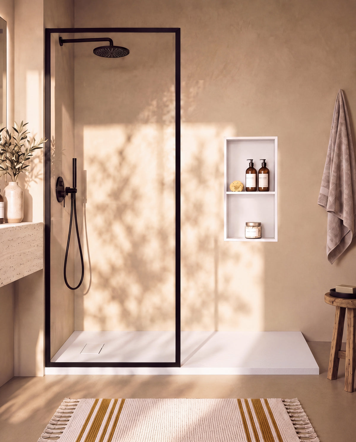 Neo receveur de douche SMC Blanc – avec niche de douche Ebra 2 étagères sans éclairage Blanc, grille d’évacuation blanche, vue de face