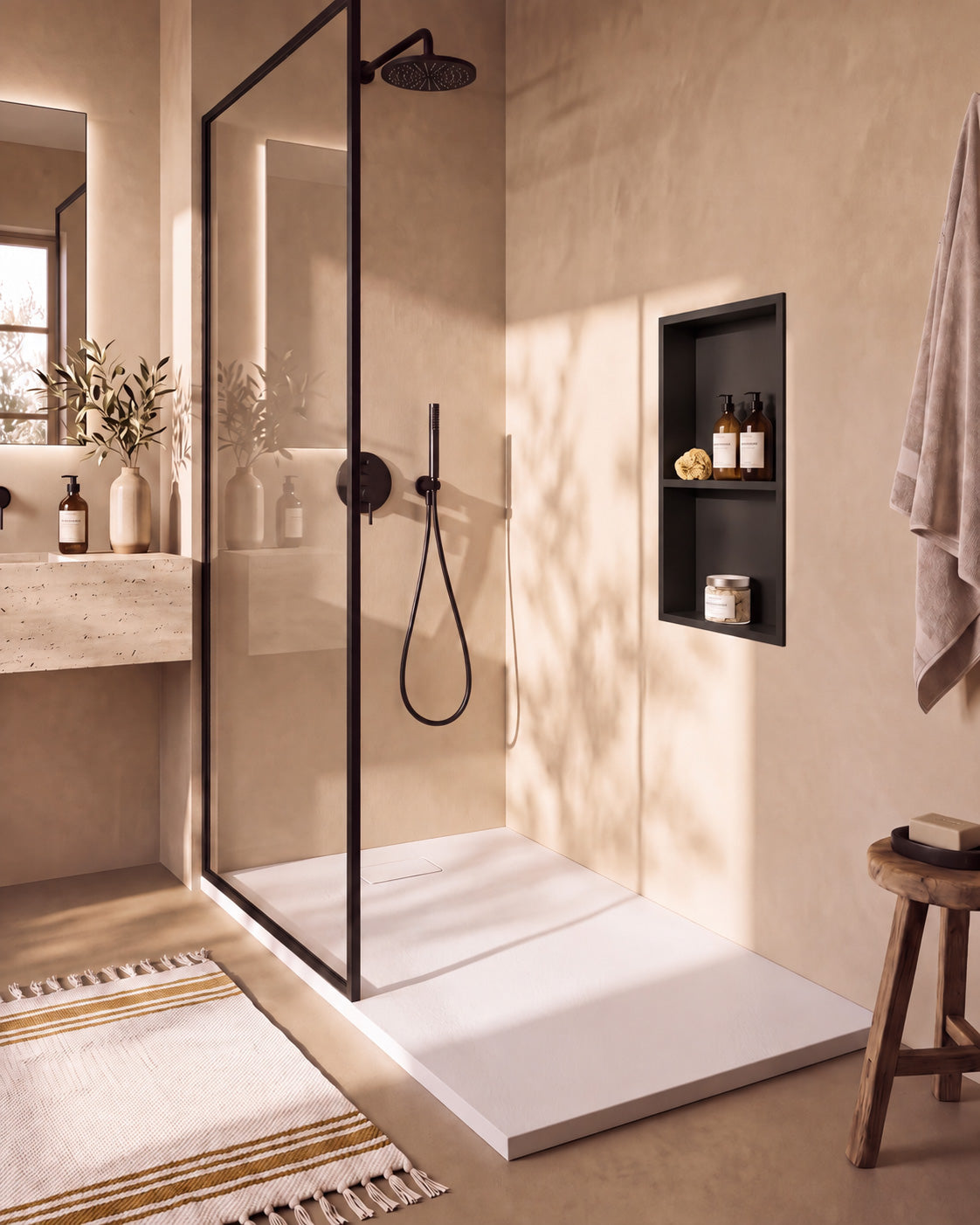 Neo receveur de douche SMC Blanc – avec niche de douche Ebra 2 étagères sans éclairage Noir, grille d’évacuation blanche, vue de biais