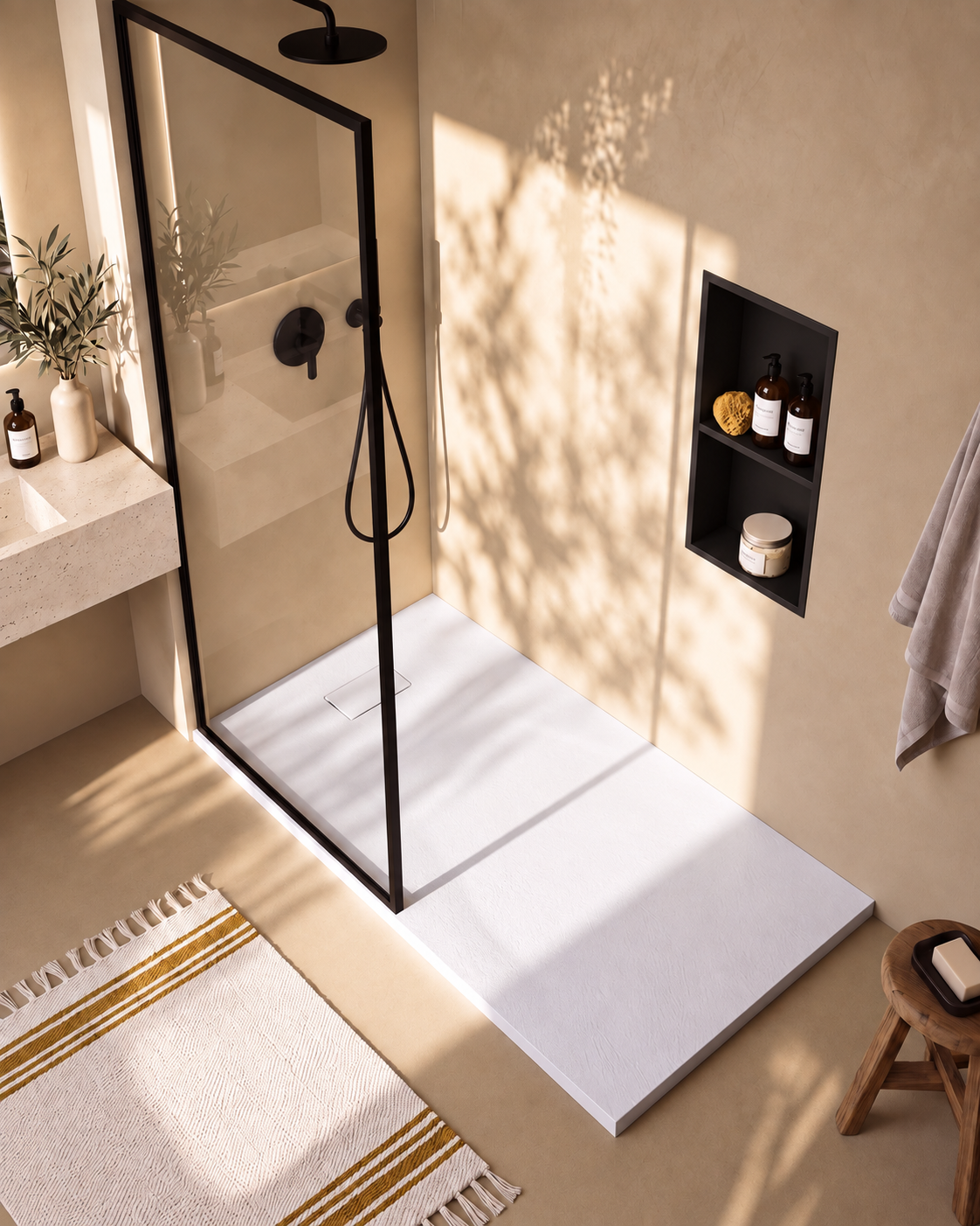 Neo receveur de douche SMC Blanc – avec niche de douche Ebra 2 étagères sans éclairage Noir, grille d’évacuation blanche, vue de dessus