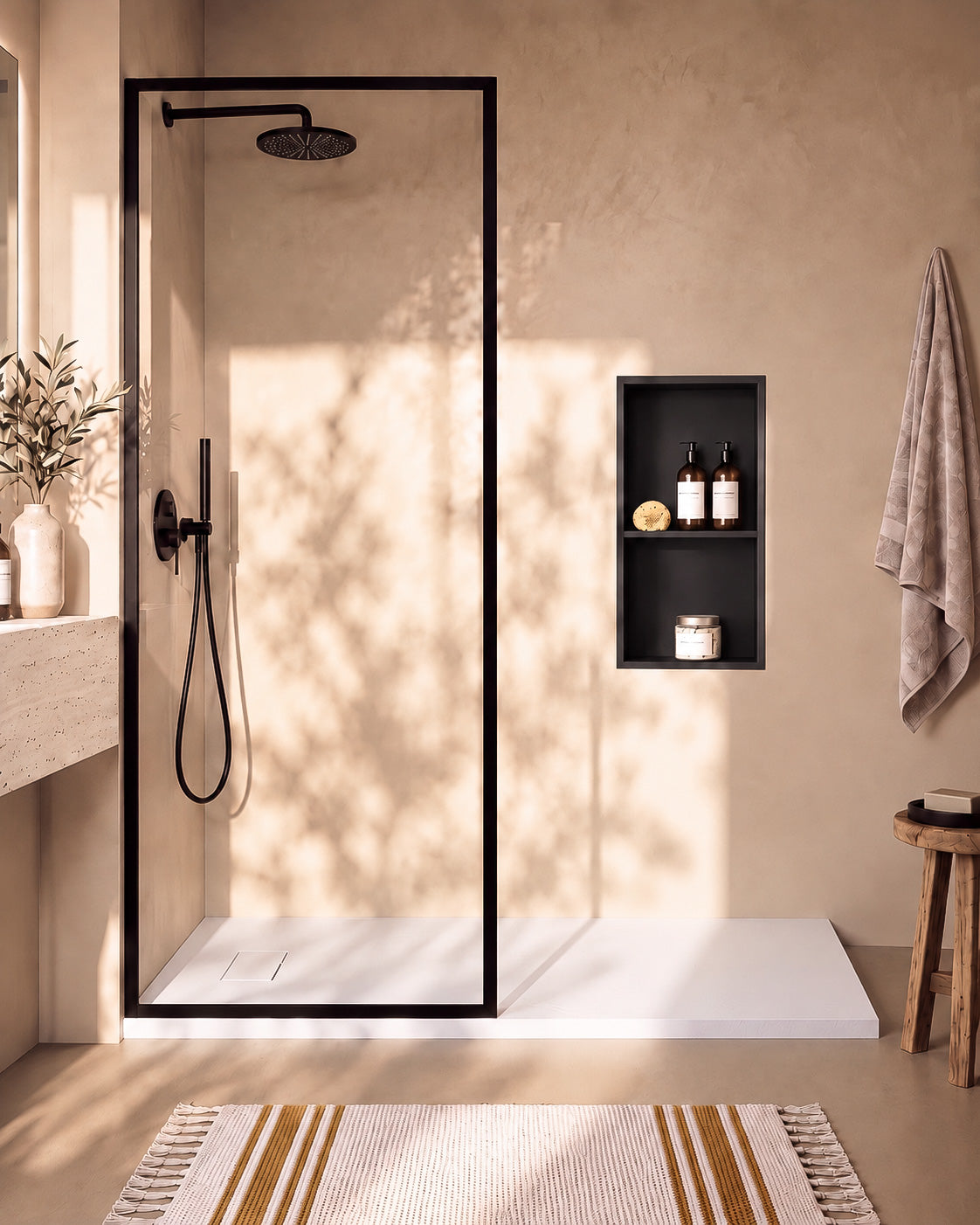 Neo receveur de douche SMC Blanc – avec niche de douche Ebra 2 étagères sans éclairage Noir, grille d’évacuation blanche, vue de face