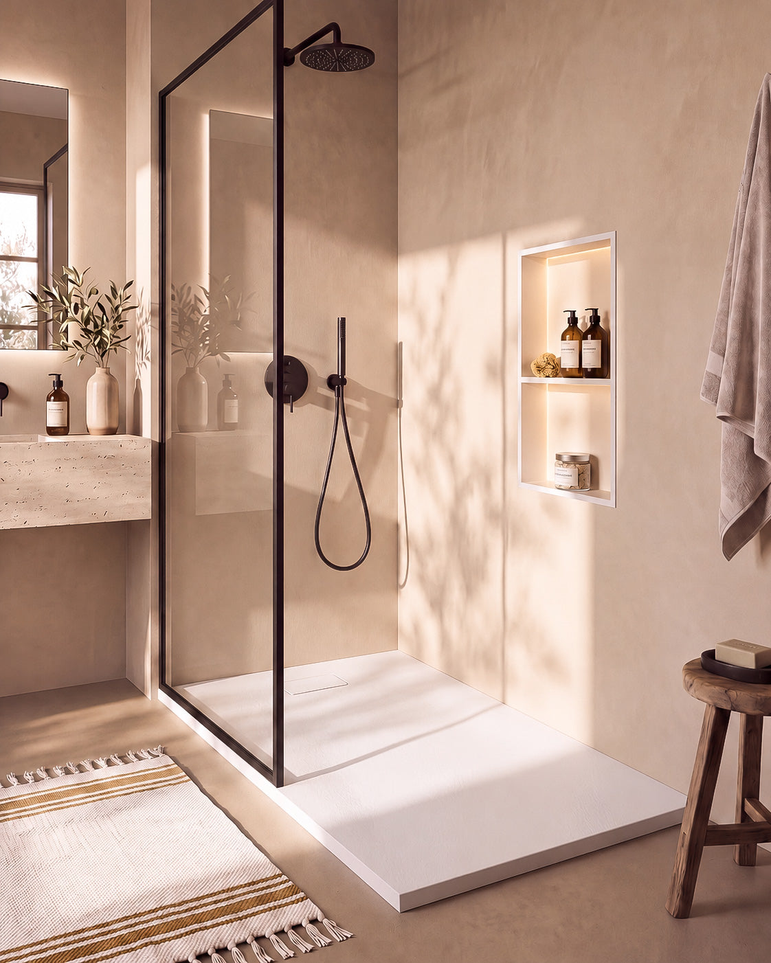 Neo receveur de douche SMC Blanc – avec niche de douche Ebra 2 étagères avec éclairage Blanc, grille d’évacuation blanche, vue de biais