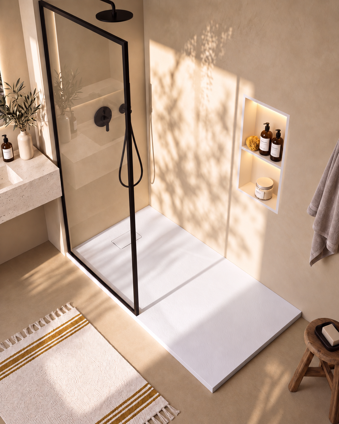 Neo receveur de douche SMC Blanc – avec niche de douche Ebra 2 étagères avec éclairage Blanc, grille d’évacuation blanche, vue de dessus