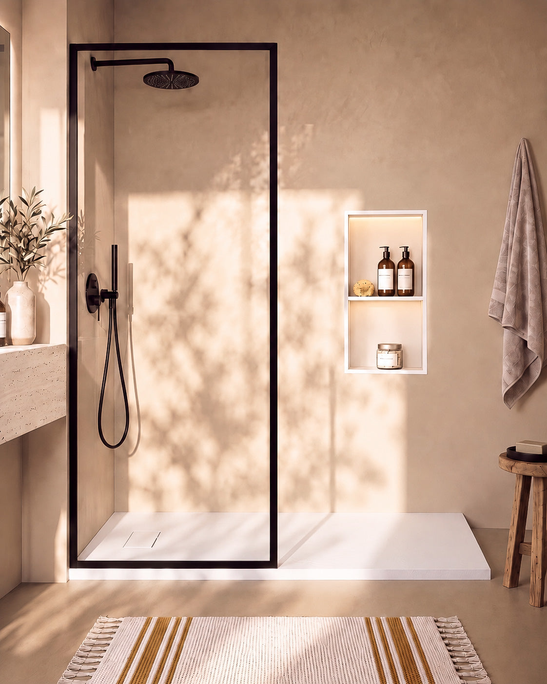 Neo receveur de douche SMC Blanc – avec niche de douche Ebra 2 étagères avec éclairage Blanc, grille d’évacuation blanche, vue de face