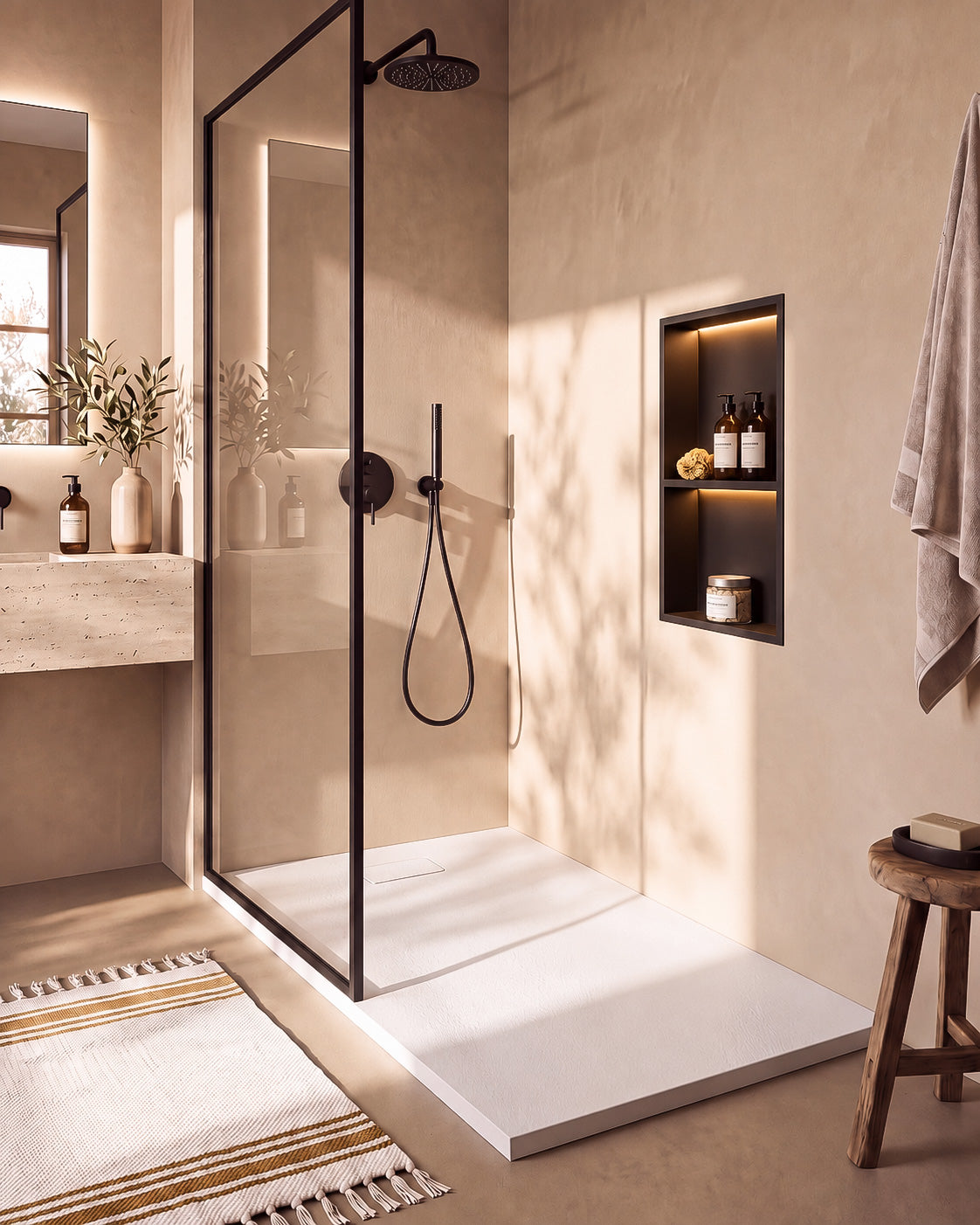Neo receveur de douche SMC Blanc – avec niche de douche Ebra 2 étagères avec éclairage Noir, grille d’évacuation blanche, vue de biais