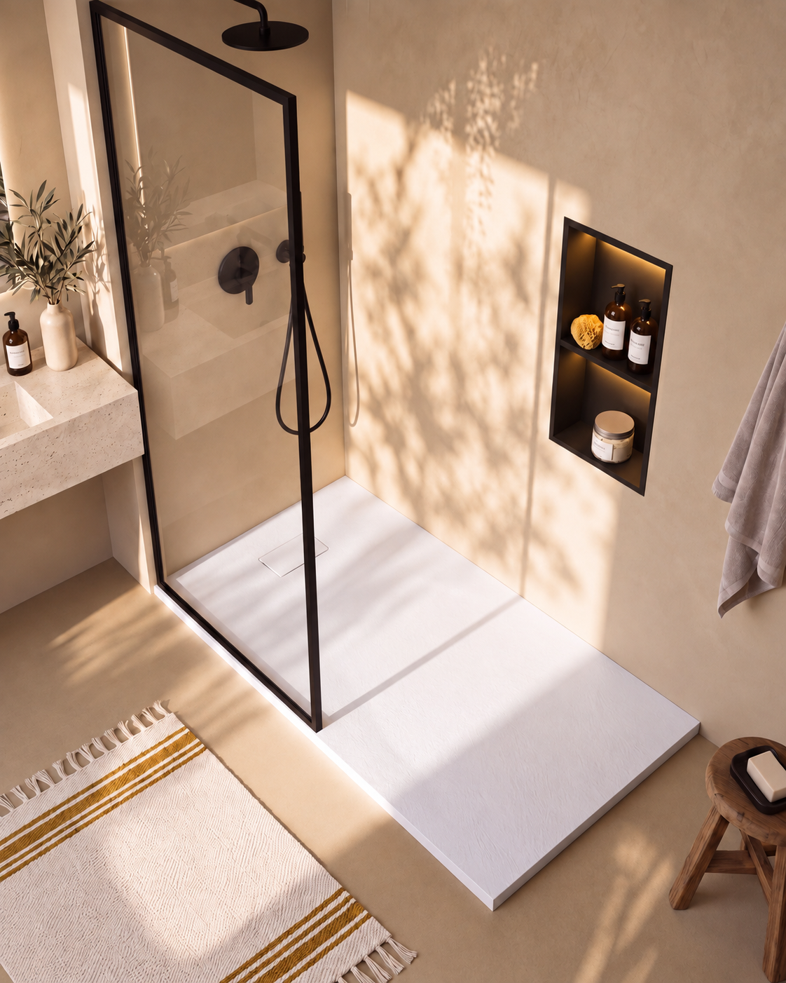 Neo receveur de douche SMC Blanc – avec niche de douche Ebra 2 étagères avec éclairage Noir, grille d’évacuation blanche, vue de dessus