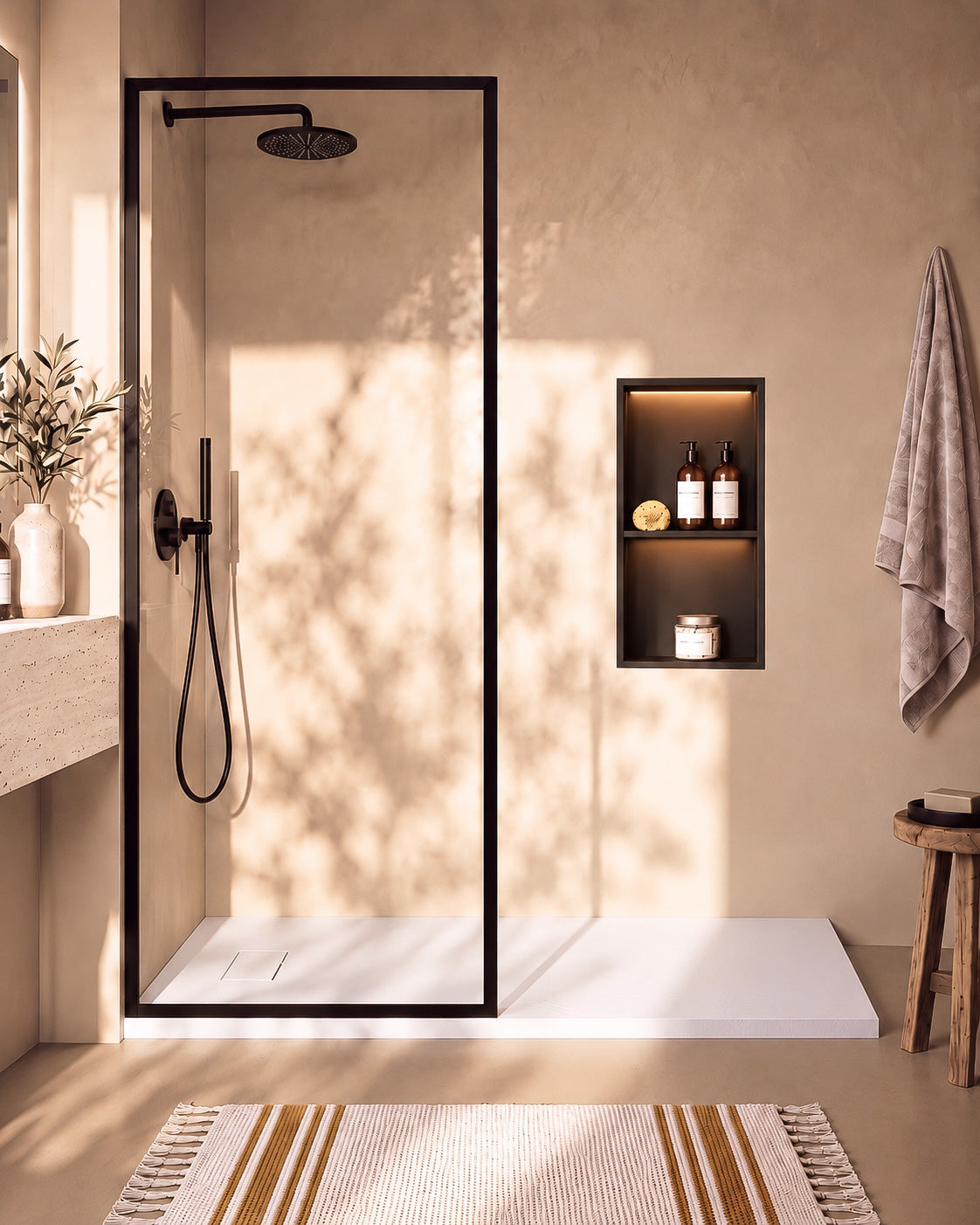 Neo receveur de douche SMC Blanc – avec niche de douche Ebra 2 étagères avec éclairage Noir, grille d’évacuation blanche, vue de face