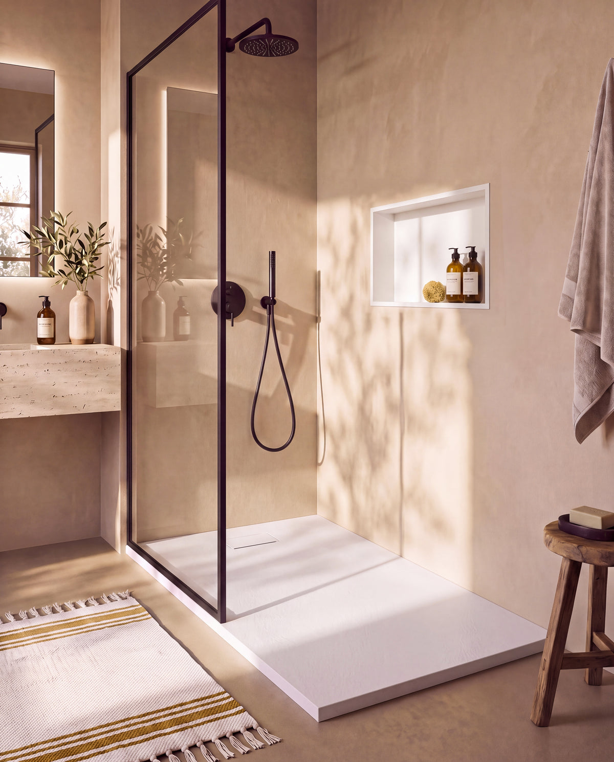 Neo receveur de douche SMC Blanc – avec niche de douche Ebra 1 grande étagère sans éclairage Blanc, grille d’évacuation blanche, vue de biais