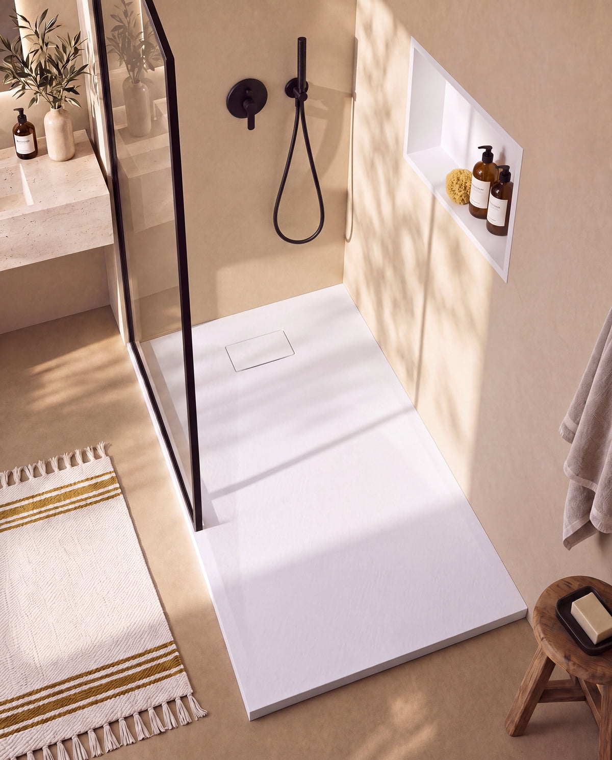 Neo receveur de douche SMC Blanc – avec niche de douche Ebra 1 grande étagère sans éclairage Blanc, grille d’évacuation blanche, vue de dessus