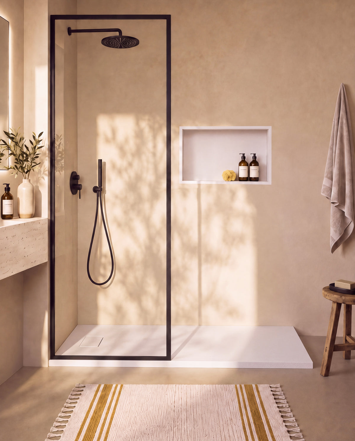Neo receveur de douche SMC Blanc – avec niche de douche Ebra 1 grande étagère sans éclairage Blanc, grille d’évacuation blanche, vue de face