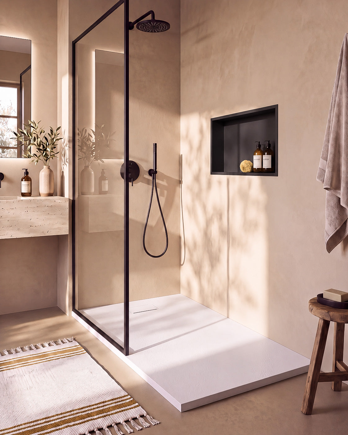 Neo receveur de douche SMC Blanc – avec niche de douche Ebra 1 grande étagère sans éclairage Noir, grille d’évacuation blanche, vue de biais