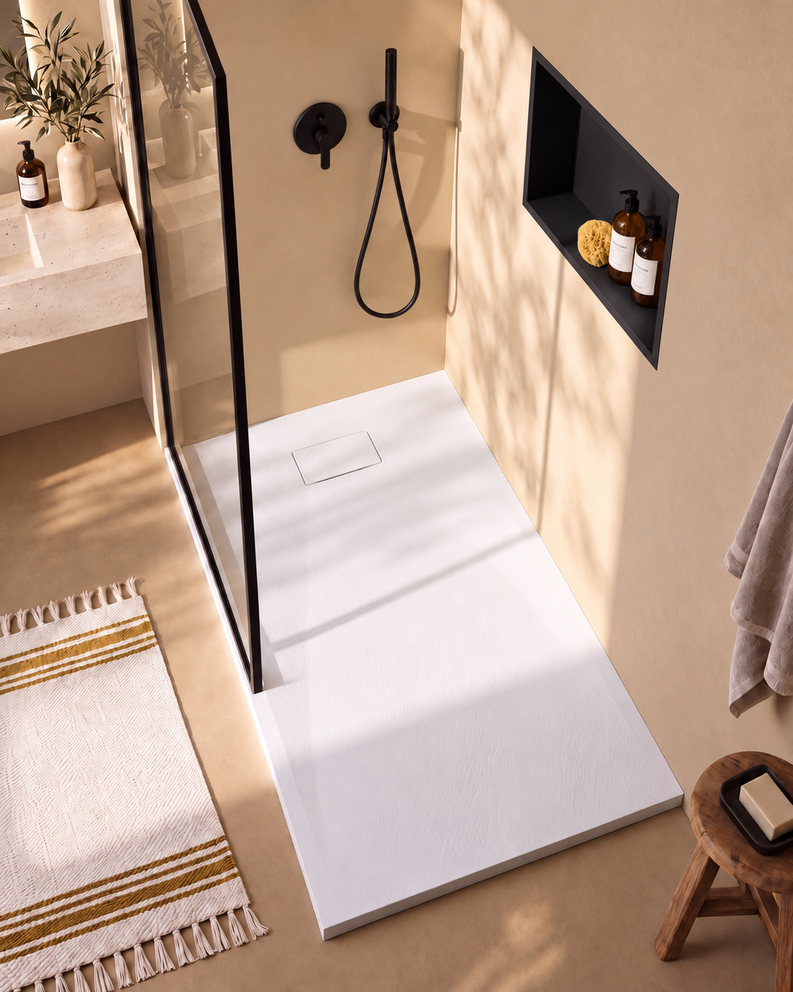 Neo receveur de douche SMC Blanc – avec niche de douche Ebra 1 grande étagère sans éclairage Noir, grille d’évacuation blanche, vue de dessus