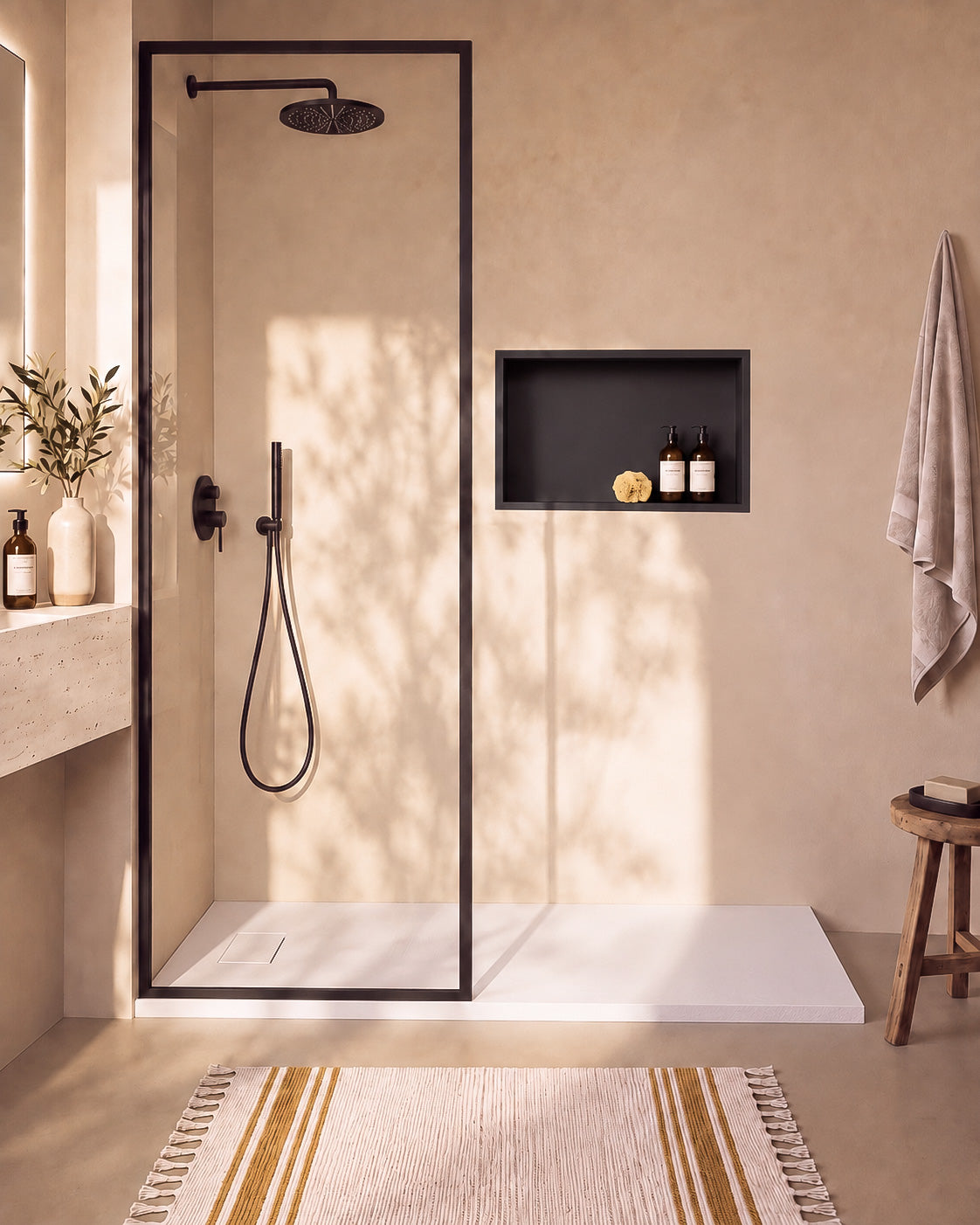 Neo receveur de douche SMC Blanc – avec niche de douche Ebra 1 grande étagère sans éclairage Noir, grille d’évacuation blanche, vue de face