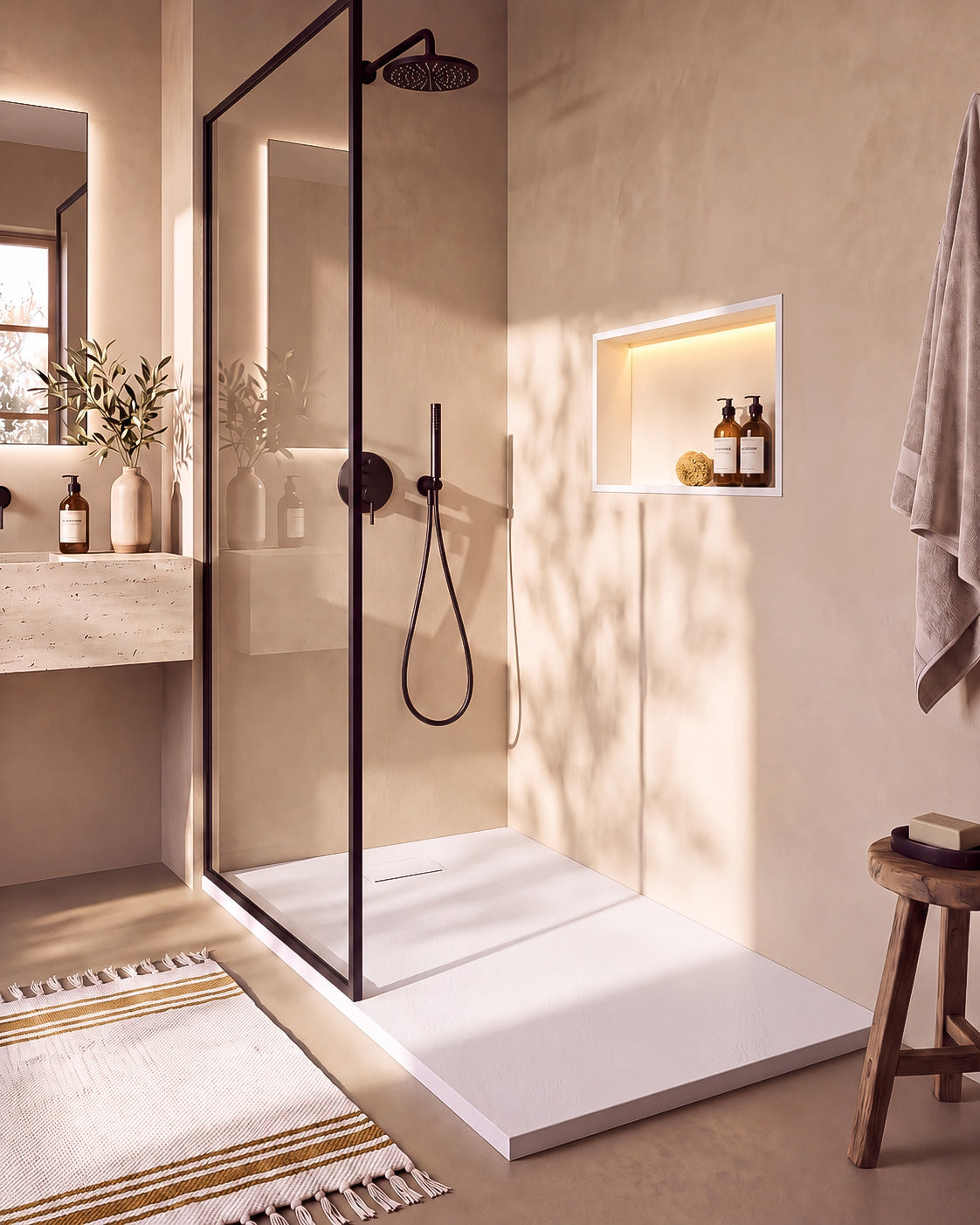 Neo receveur de douche SMC Blanc – avec niche de douche Ebra 1 grande étagère avec éclairage Blanc, grille d’évacuation blanche, vue de biais