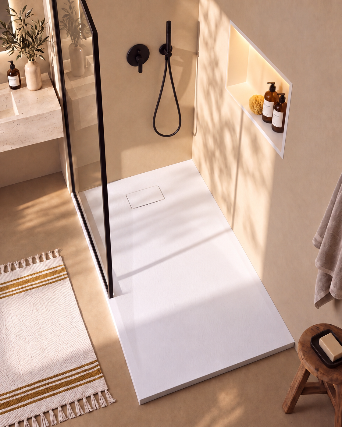 Neo receveur de douche SMC Blanc – avec niche de douche Ebra 1 grande étagère avec éclairage Blanc, grille d’évacuation blanche, vue de dessus