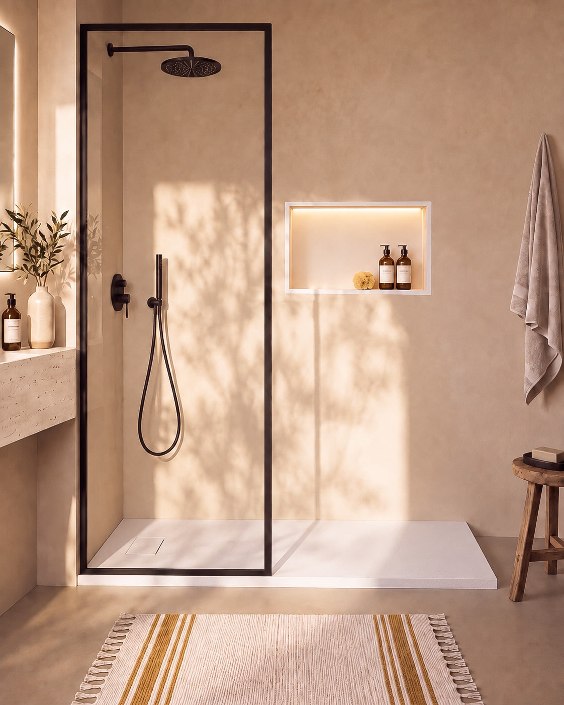 Neo receveur de douche SMC Blanc – avec niche de douche Ebra 1 grande étagère avec éclairage Blanc, grille d’évacuation blanche, vue de face
