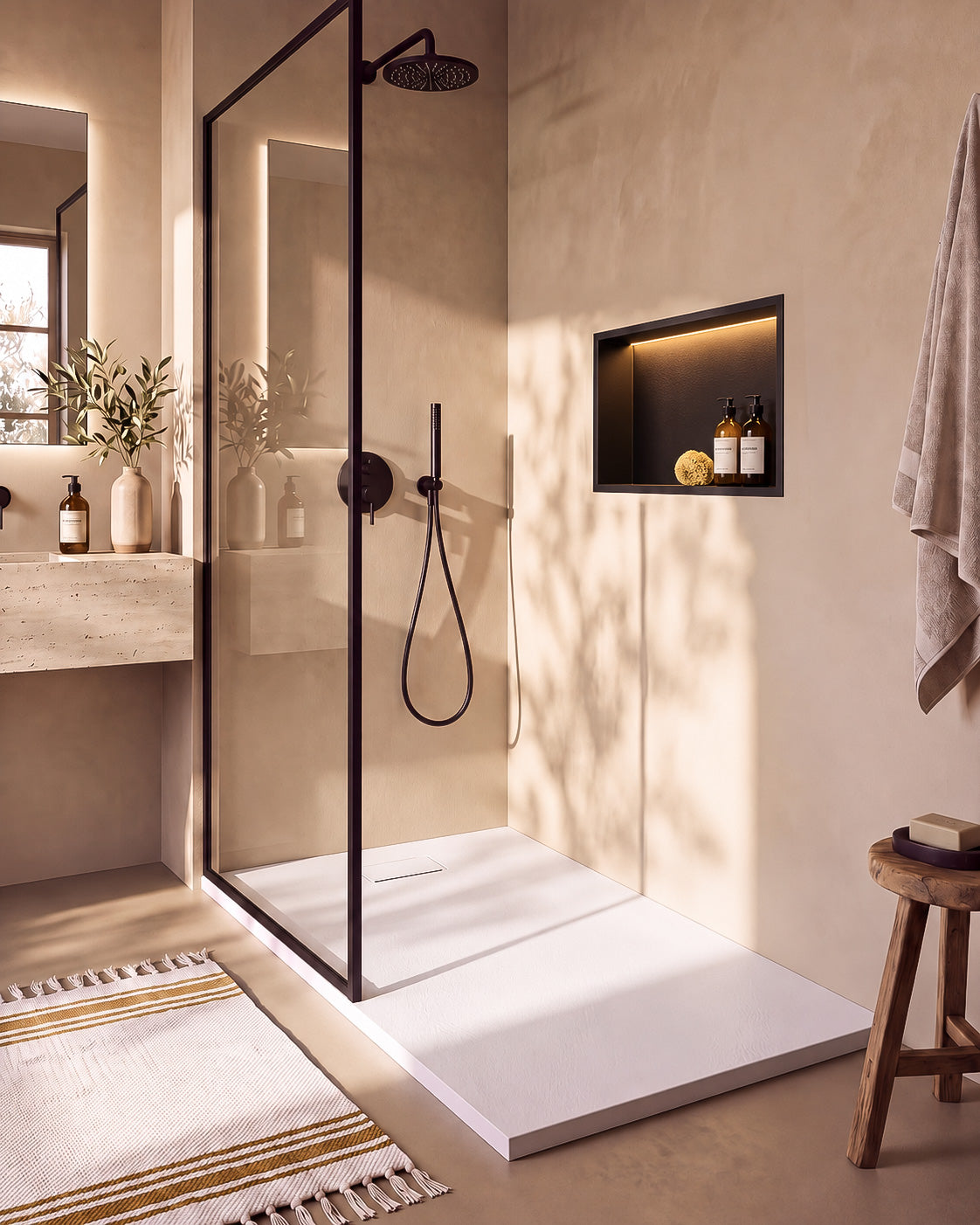 Neo receveur de douche SMC Blanc – avec niche de douche Ebra 1 grande étagère avec éclairage Noir, grille d’évacuation blanche, vue de biais