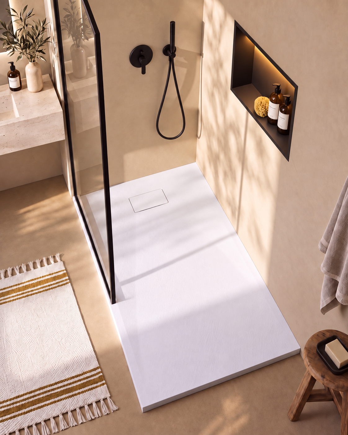 Neo receveur de douche SMC Blanc – avec niche de douche Ebra 1 grande étagère avec éclairage Noir, grille d’évacuation blanche, vue de dessus