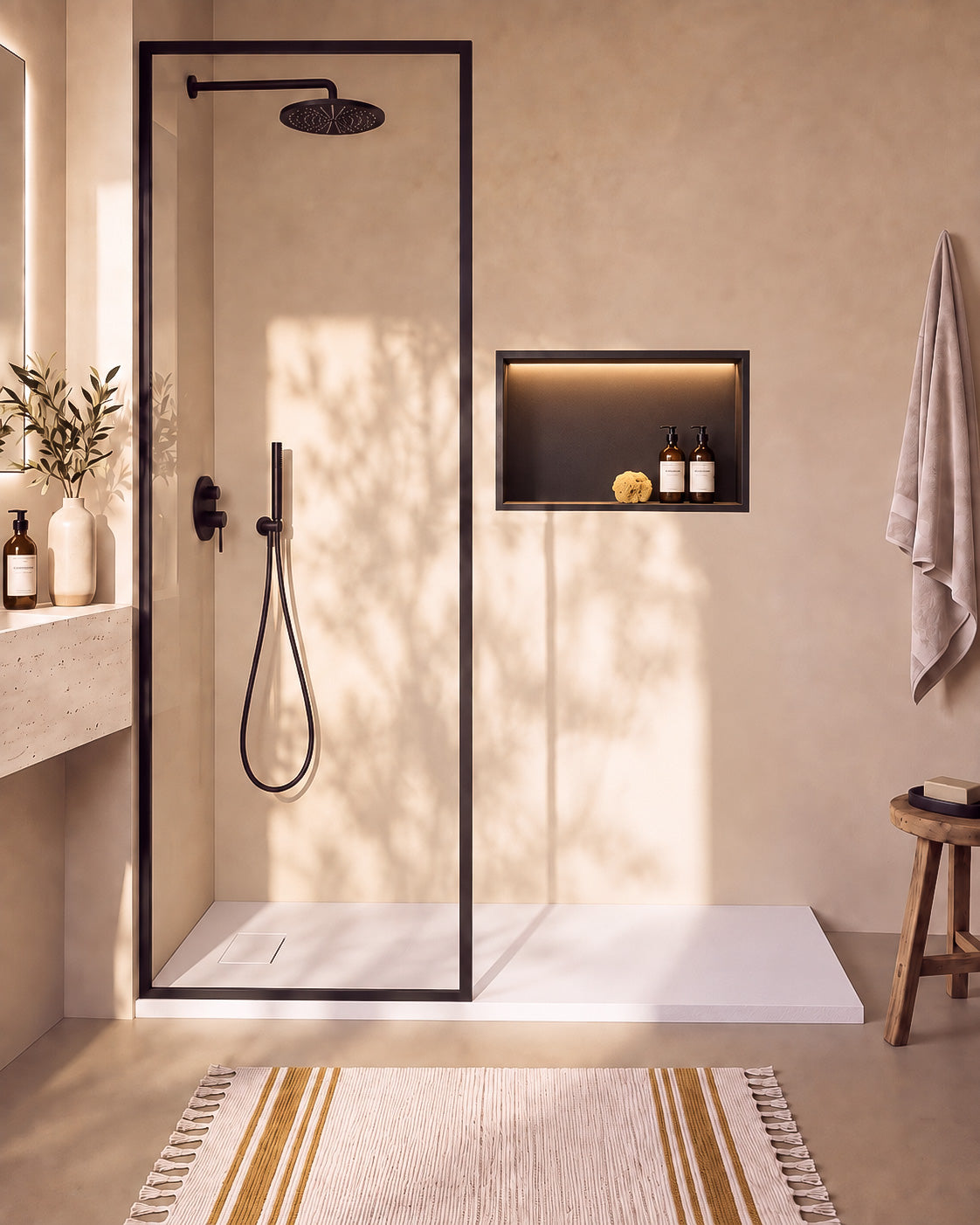 Neo receveur de douche SMC Blanc – avec niche de douche Ebra 1 grande étagère avec éclairage Noir, grille d’évacuation blanche, vue de face