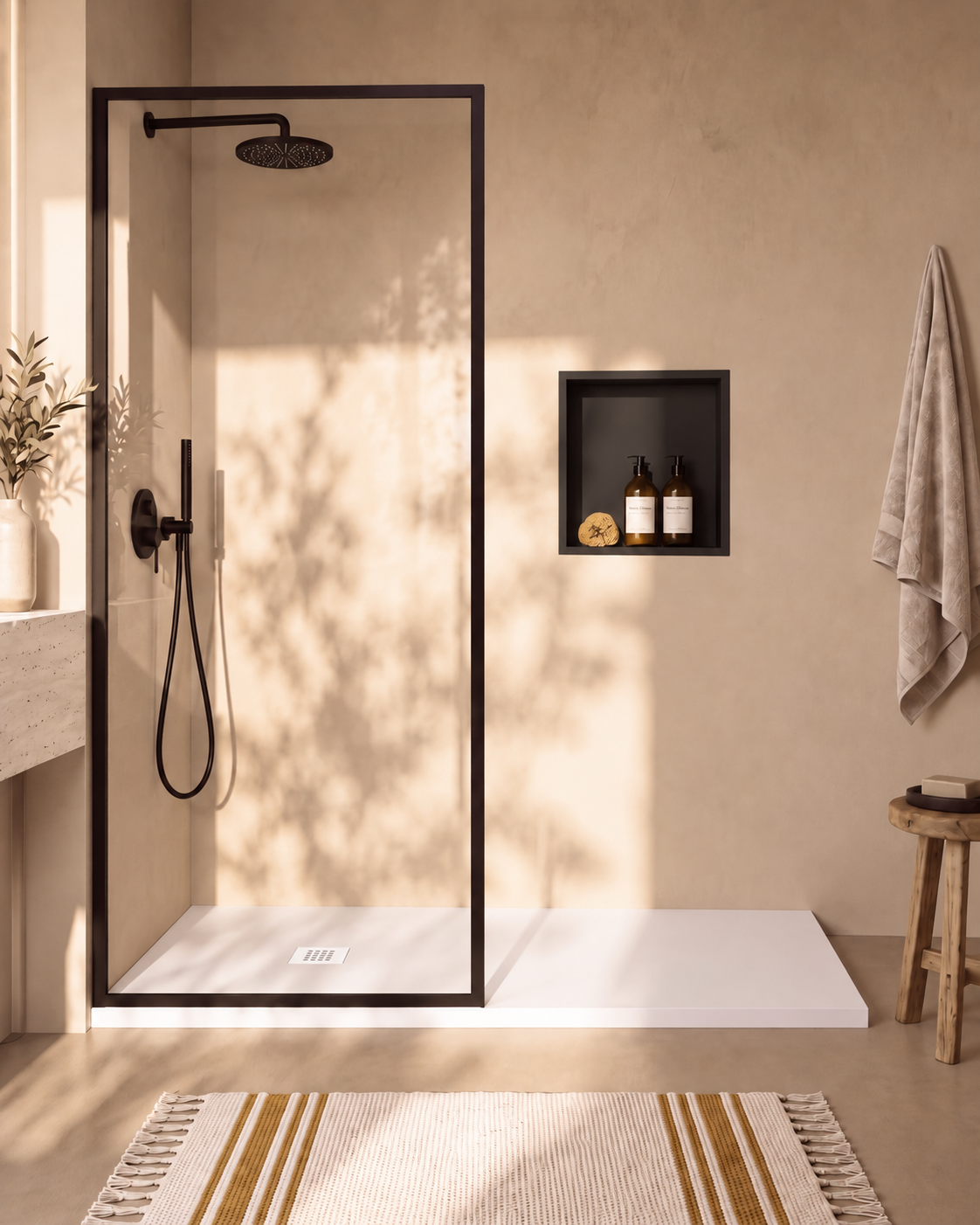 Arvi receveur de douche résine Blanc – avec niche de douche Ebra 1 étagère sans éclairage Noir, grille d’évacuation blanche, vue de face