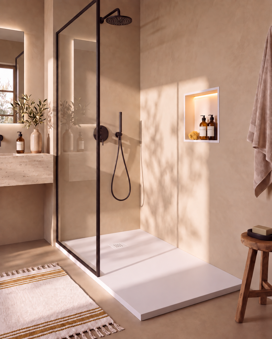 Arvi receveur de douche résine Blanc – avec niche de douche Ebra 1 étagère avec éclairage Blanc, grille d’évacuation blanche, vue de biais