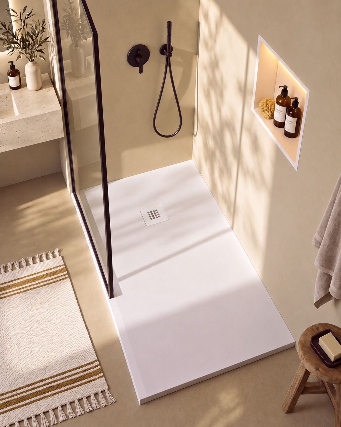 Arvi receveur de douche résine Blanc – avec niche de douche Ebra 1 étagère avec éclairage Blanc, grille d’évacuation blanche, vue de dessus