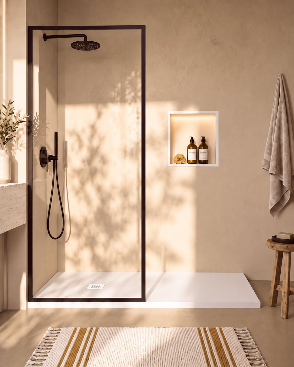 Arvi receveur de douche résine Blanc – avec niche de douche Ebra 1 étagère avec éclairage Blanc, grille d’évacuation blanche, vue de face
