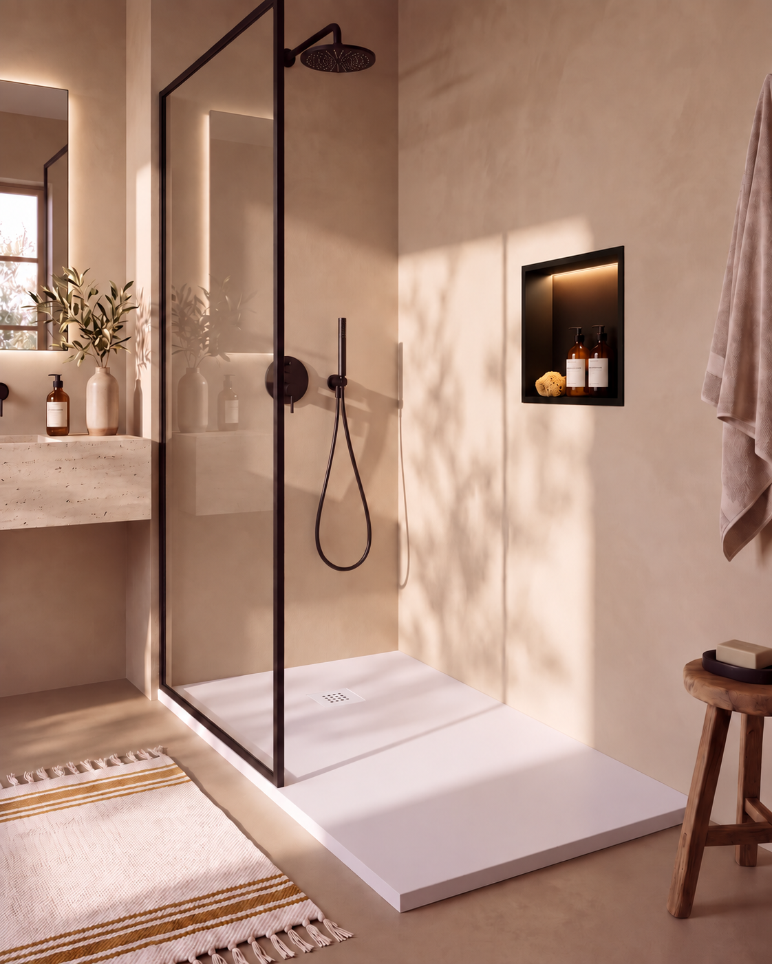 Arvi receveur de douche résine Blanc – avec niche de douche Ebra 1 étagère avec éclairage Noir, grille d’évacuation blanche, vue de biais