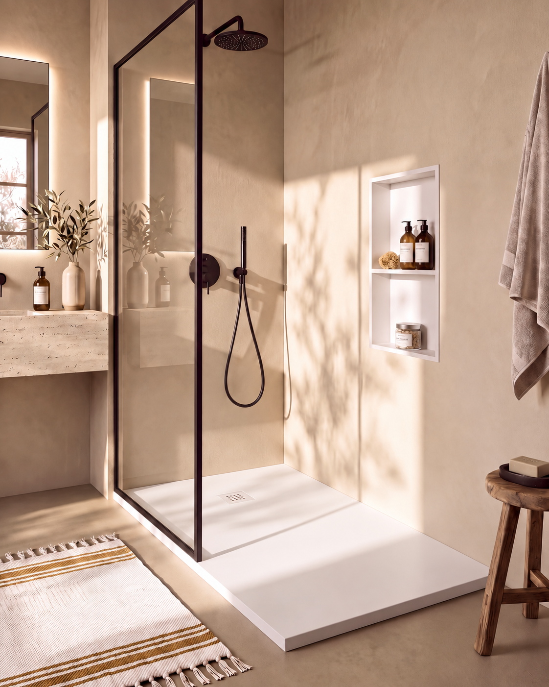 Arvi receveur de douche résine Blanc – avec niche de douche Ebra 2 étagères sans éclairage Blanc, grille d’évacuation blanche, vue de biais