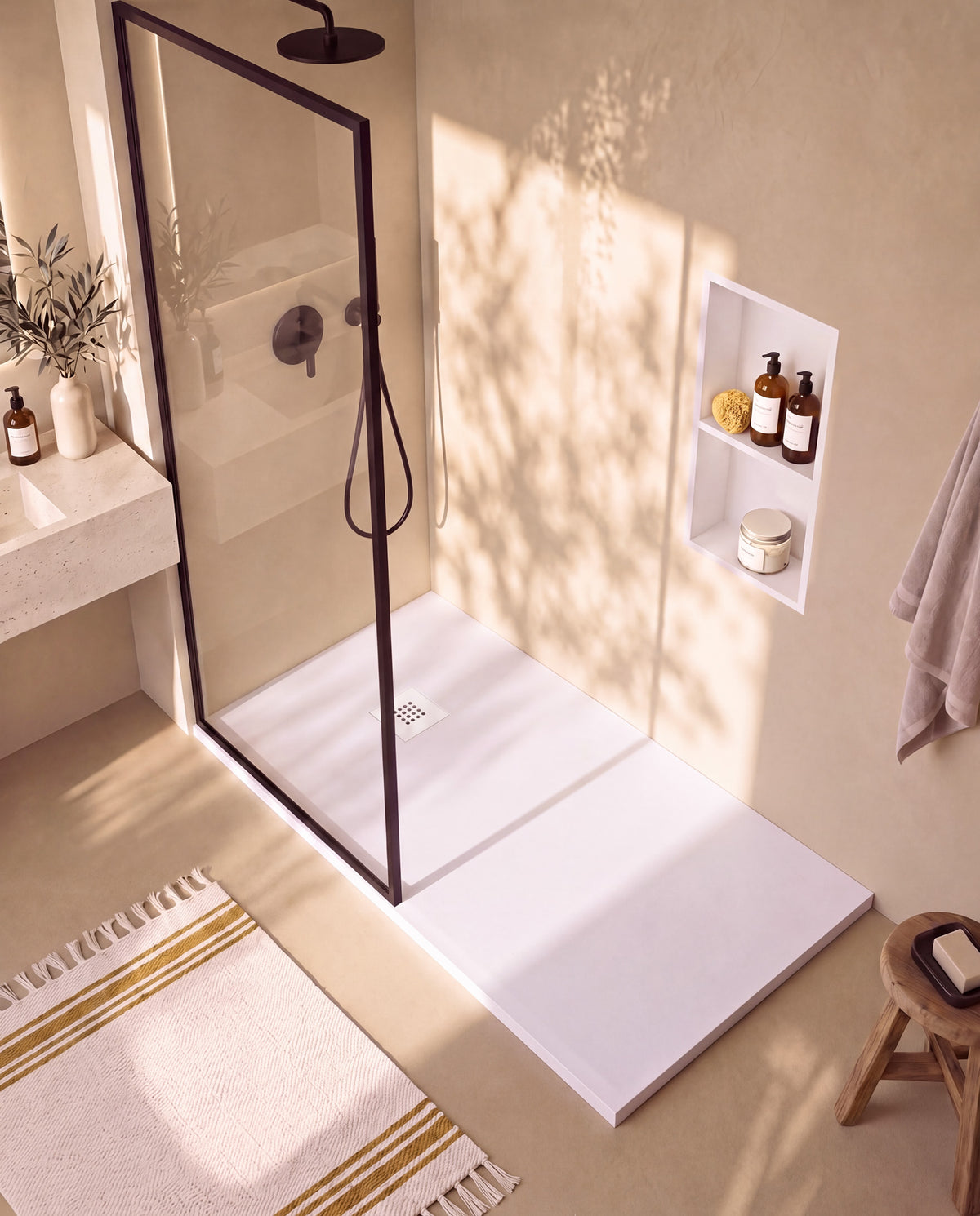Arvi receveur de douche résine Blanc – avec niche de douche Ebra 2 étagères sans éclairage Blanc, grille d’évacuation blanche, vue de dessus
