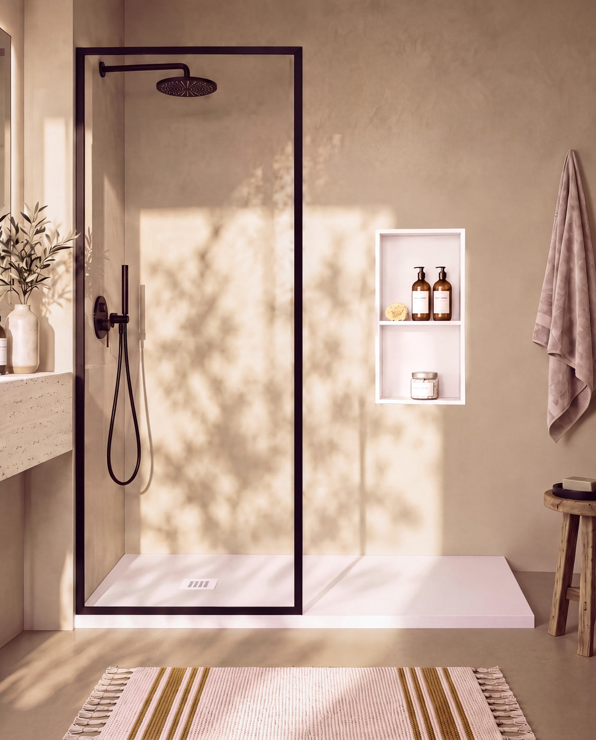 Arvi receveur de douche résine Blanc – avec niche de douche Ebra 2 étagères sans éclairage Blanc, grille d’évacuation blanche, vue de face